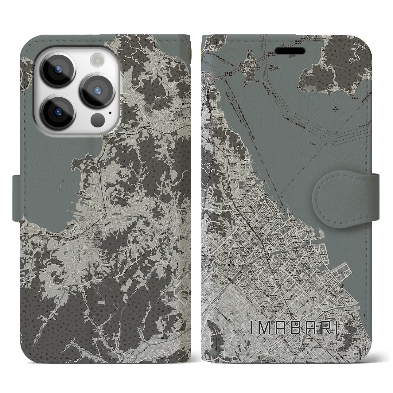 【今治(愛媛県)】地図柄iPhoneケース(手帳タイプ)モノトーン・iPhone 14 Pro 用