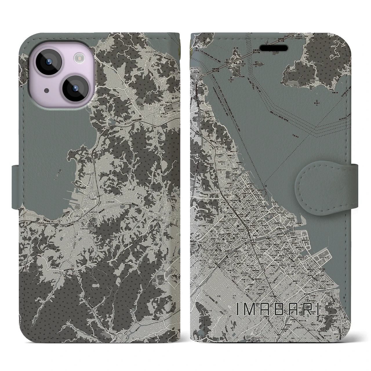 【今治(愛媛県)】地図柄iPhoneケース(手帳タイプ)モノトーン・iPhone 14 用