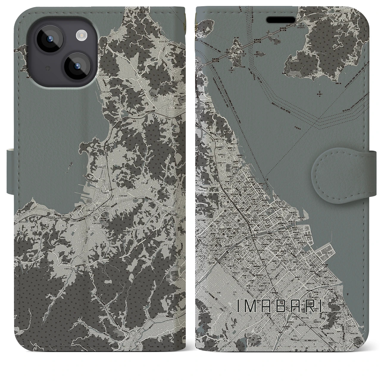 【今治(愛媛県)】地図柄iPhoneケース(手帳タイプ)モノトーン・iPhone 14 Plus 用