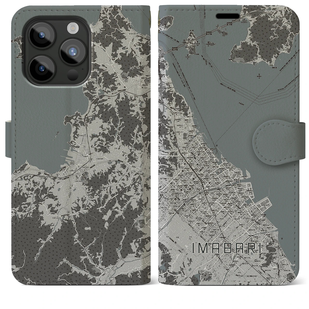 【今治(愛媛県)】地図柄iPhoneケース(手帳タイプ)モノトーン・iPhone 15 Pro Max 用