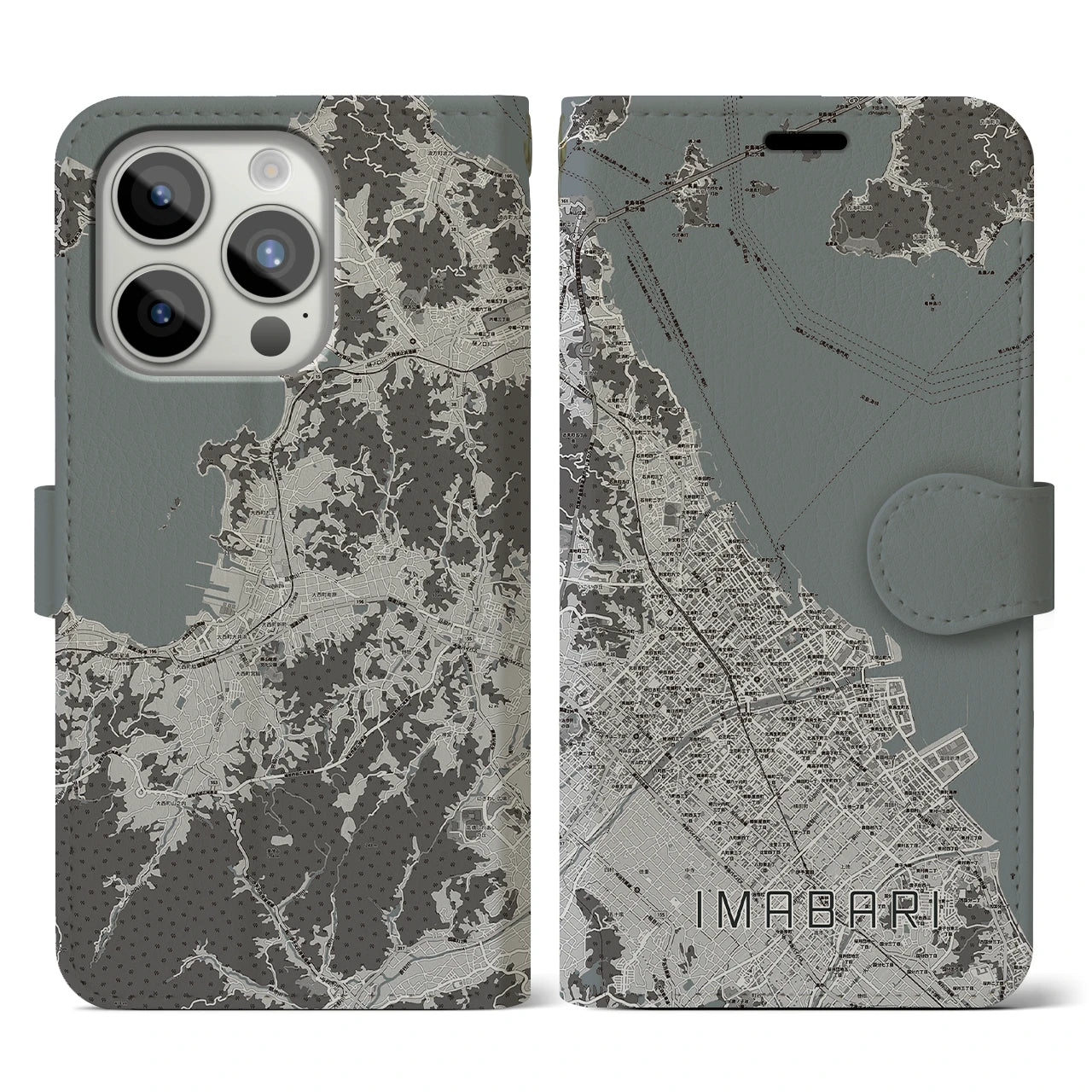 【今治(愛媛県)】地図柄iPhoneケース(手帳タイプ)モノトーン・iPhone 15 Pro 用