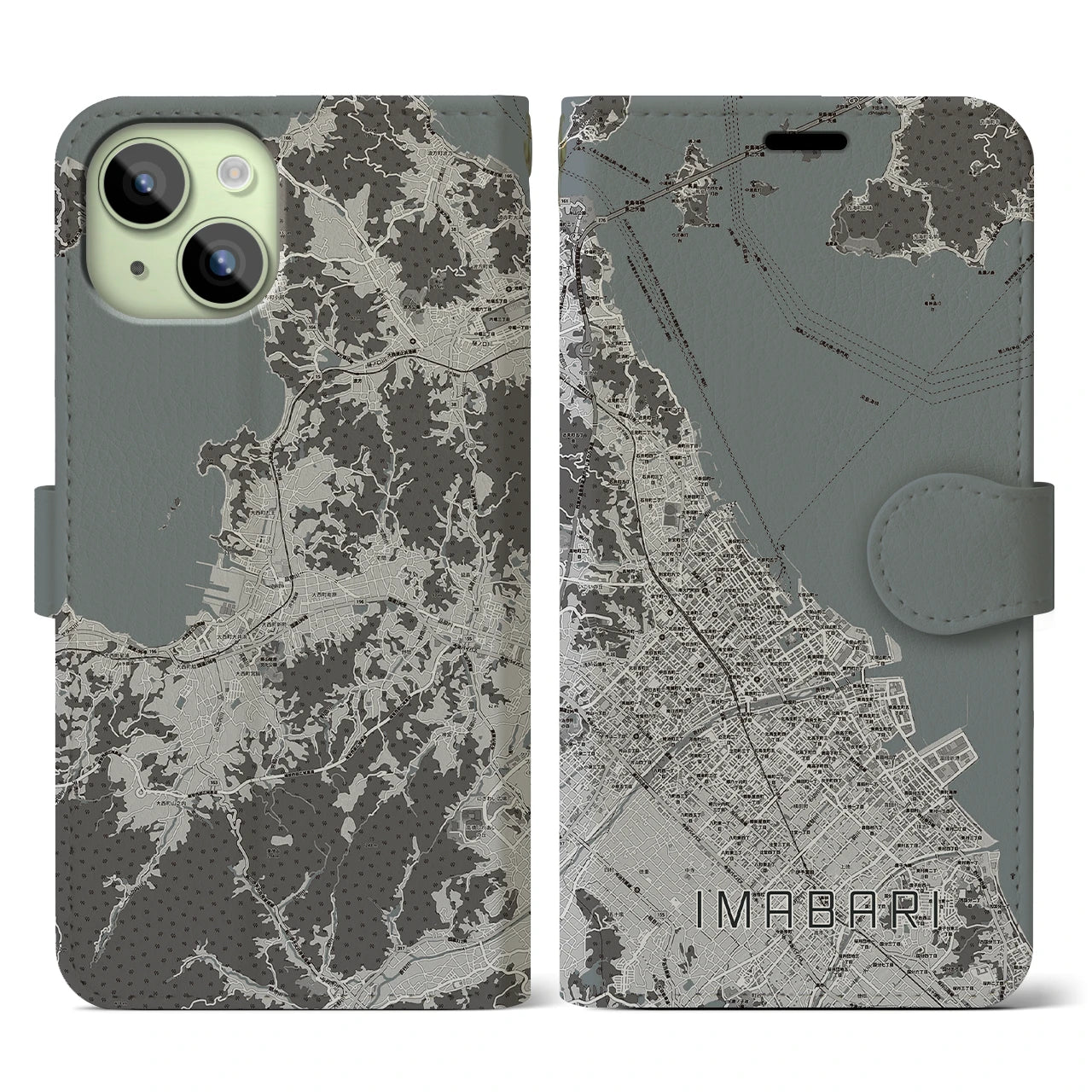 【今治(愛媛県)】地図柄iPhoneケース(手帳タイプ)モノトーン・iPhone 15 用