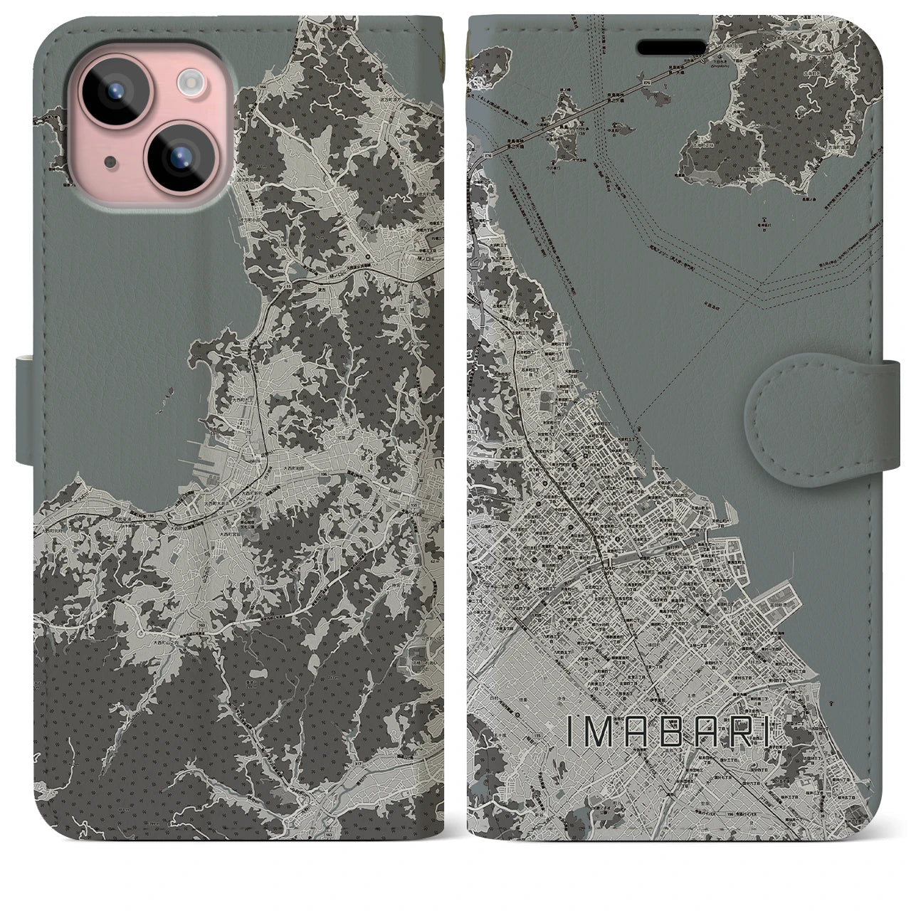 【今治(愛媛県)】地図柄iPhoneケース(手帳タイプ)モノトーン・iPhone 15 Plus 用