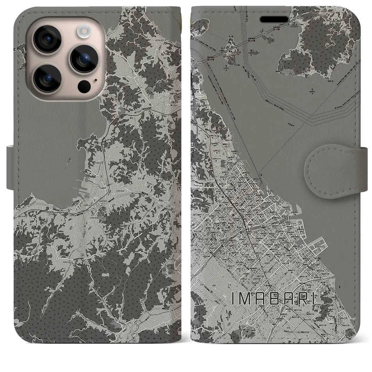 【今治(愛媛県)】地図柄iPhoneケース(手帳タイプ)モノトーン・iPhone 16 Plus 用