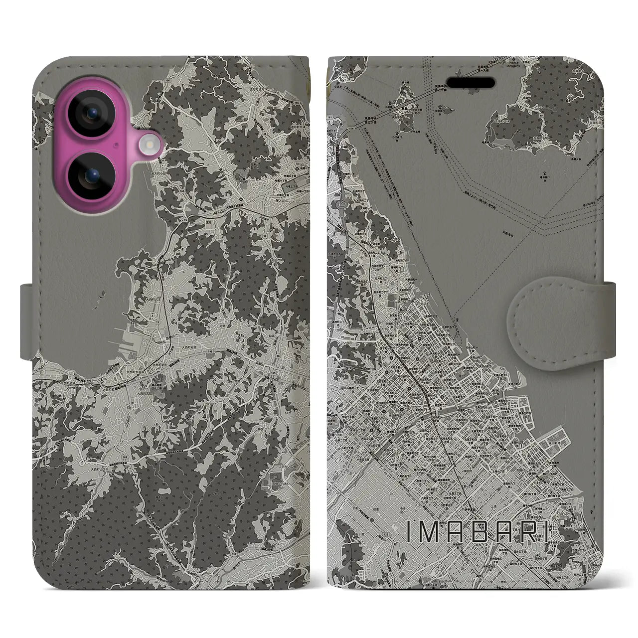 【今治(愛媛県)】地図柄iPhoneケース(手帳タイプ)モノトーン・iPhone 16 Pro 用