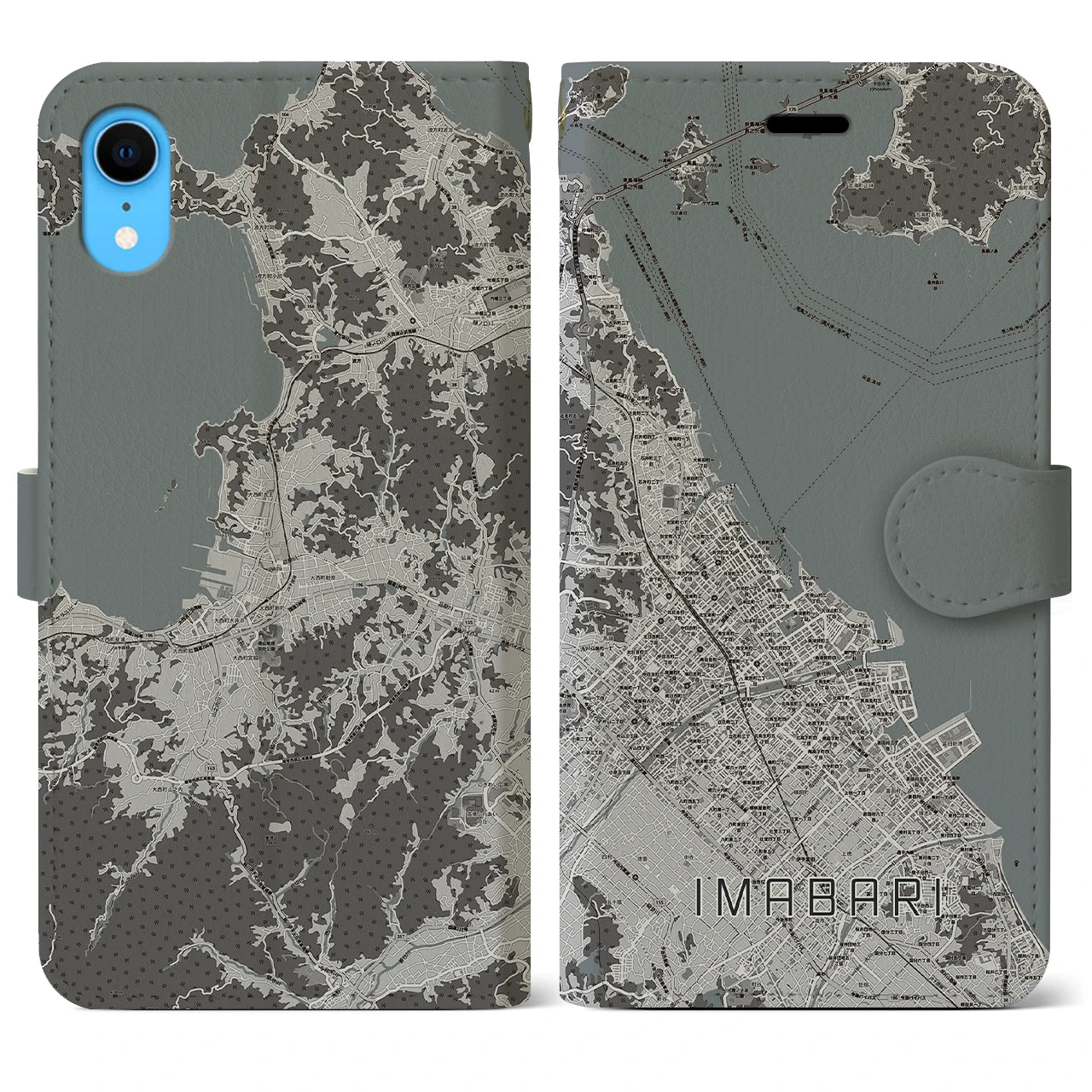 【今治(愛媛県)】地図柄iPhoneケース(手帳タイプ)モノトーン・iPhone XR 用