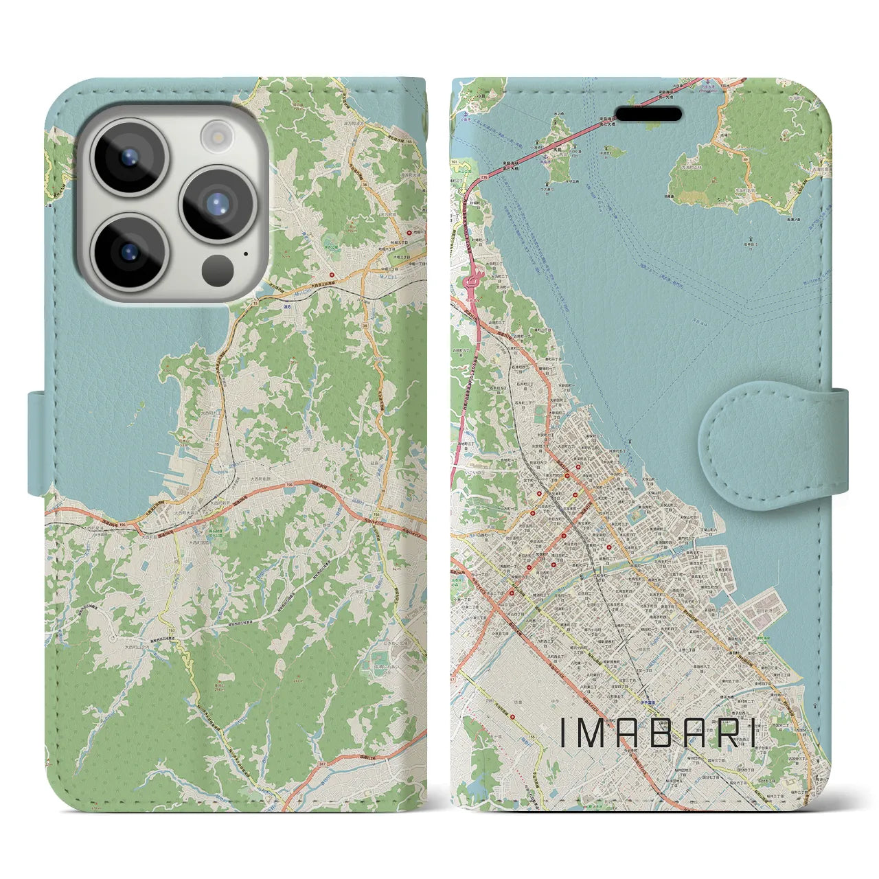 【今治(愛媛県)】地図柄iPhoneケース(手帳タイプ)ナチュラル・iPhone 15 Pro 用