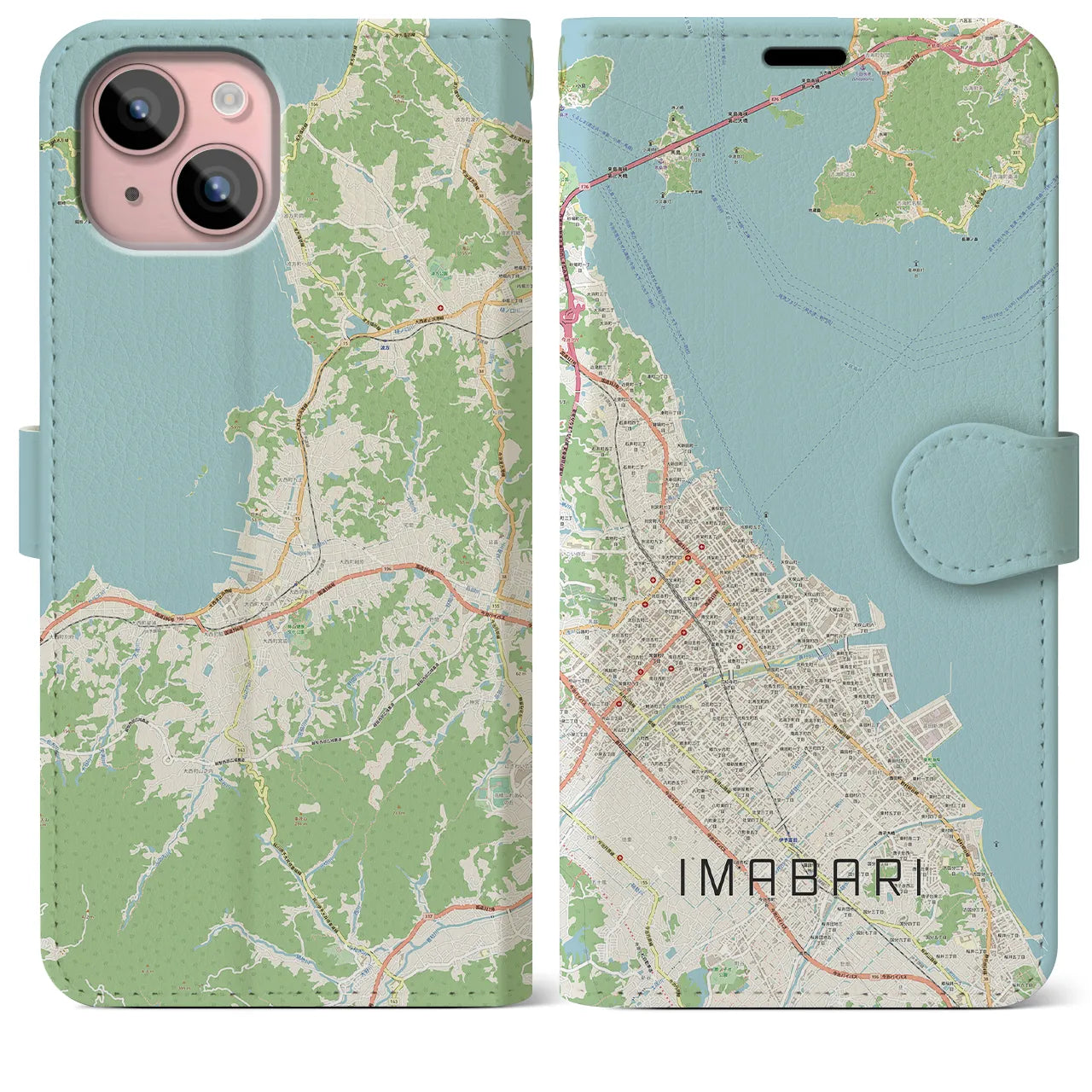 【今治(愛媛県)】地図柄iPhoneケース(手帳タイプ)ナチュラル・iPhone 15 Plus 用