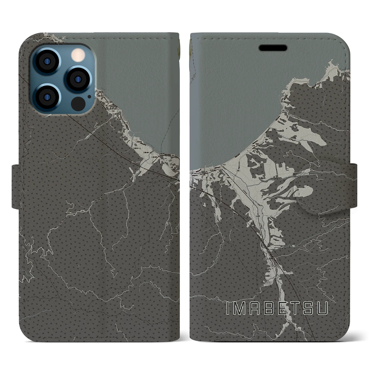 【今別(青森県)】地図柄iPhoneケース(手帳タイプ)モノトーン・iPhone 12 / 12 Pro 用