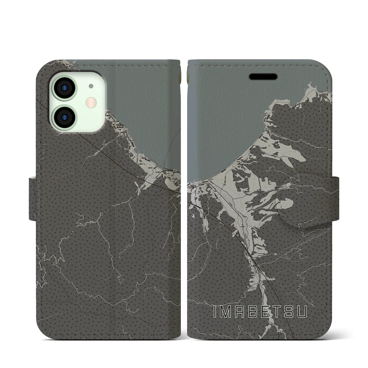 【今別(青森県)】地図柄iPhoneケース(手帳タイプ)モノトーン・iPhone 12 mini 用
