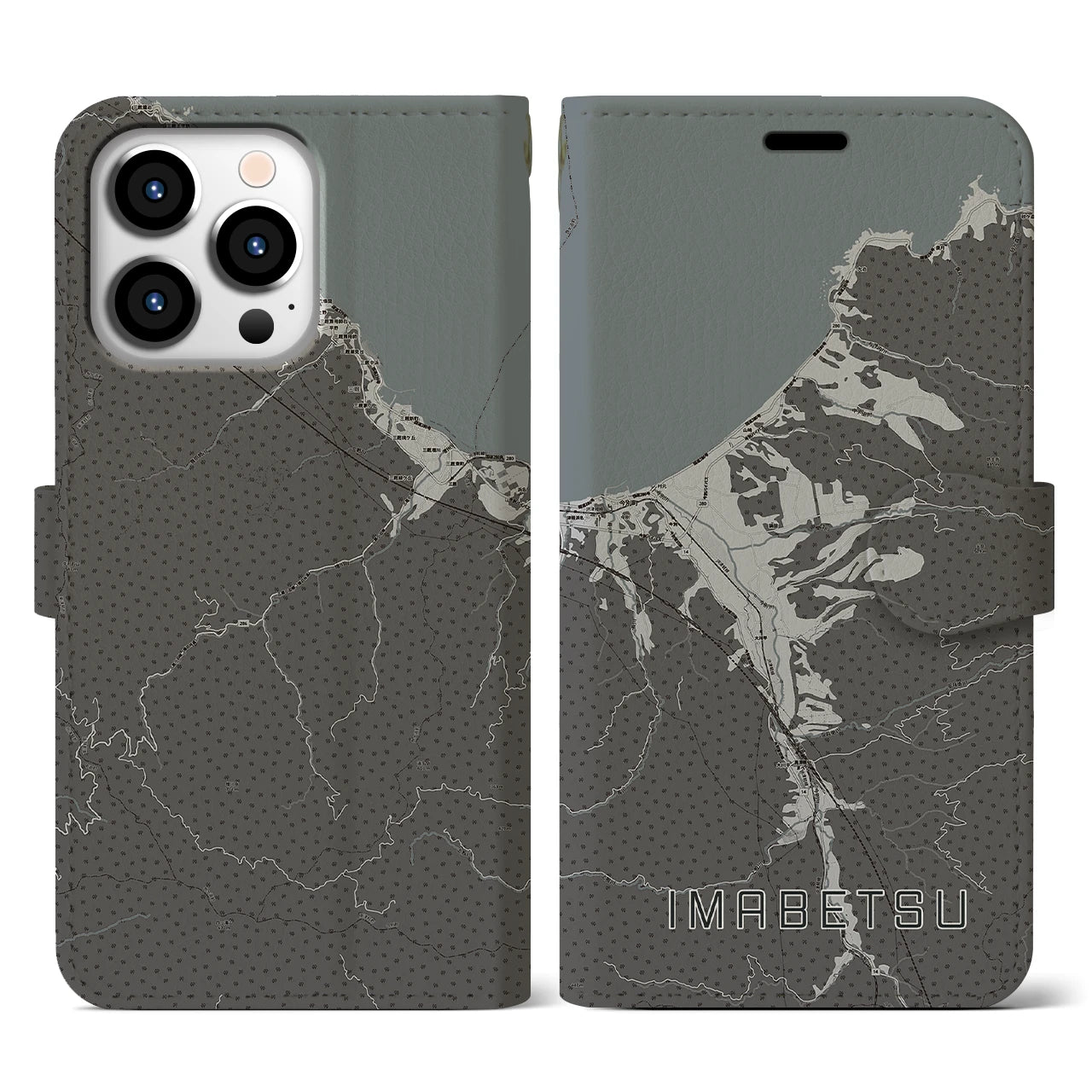 【今別(青森県)】地図柄iPhoneケース(手帳タイプ)モノトーン・iPhone 13 Pro 用