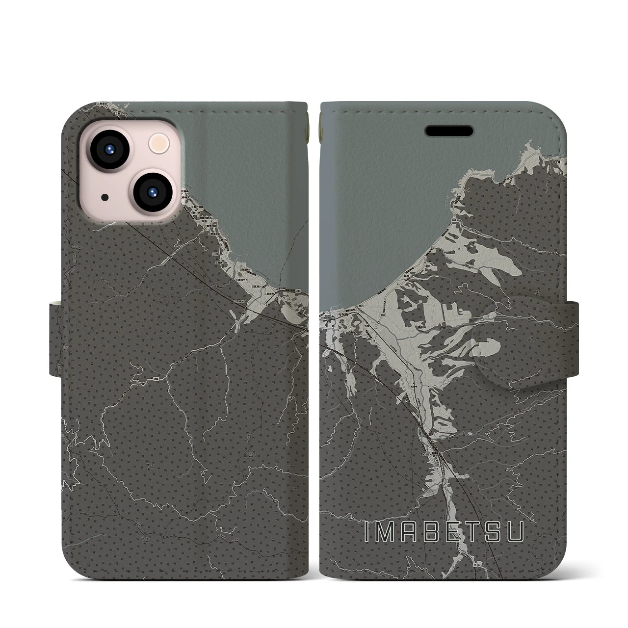 【今別(青森県)】地図柄iPhoneケース(手帳タイプ)モノトーン・iPhone 13 mini 用