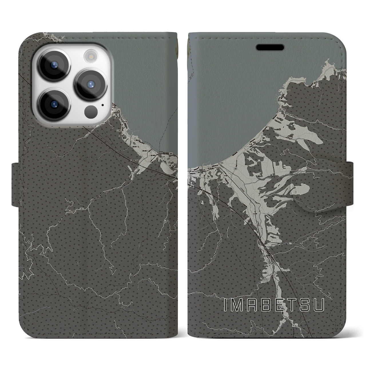 【今別(青森県)】地図柄iPhoneケース(手帳タイプ)モノトーン・iPhone 14 Pro 用