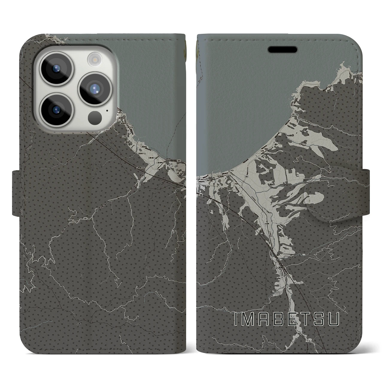【今別(青森県)】地図柄iPhoneケース(手帳タイプ)モノトーン・iPhone 15 Pro 用