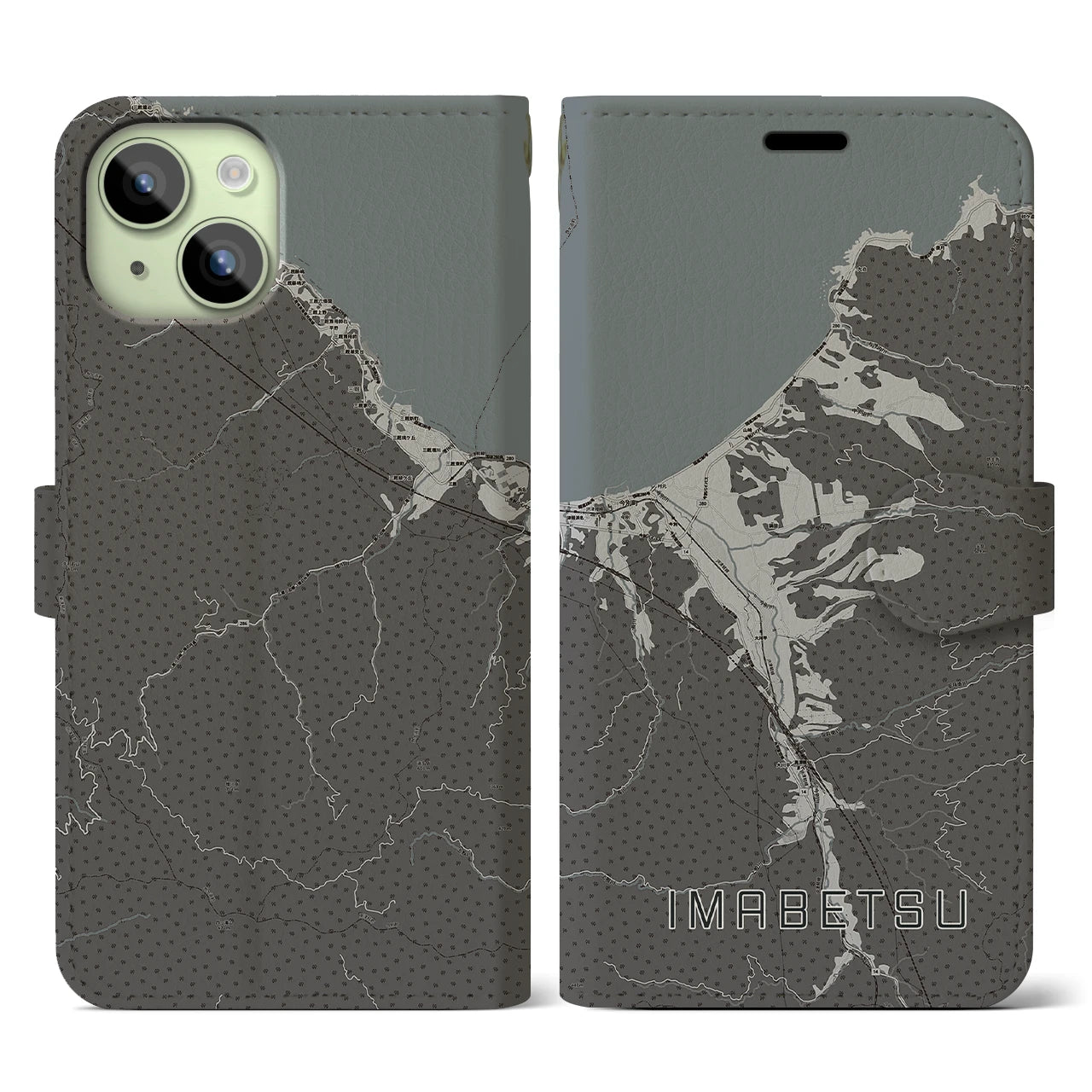 【今別(青森県)】地図柄iPhoneケース(手帳タイプ)モノトーン・iPhone 15 用