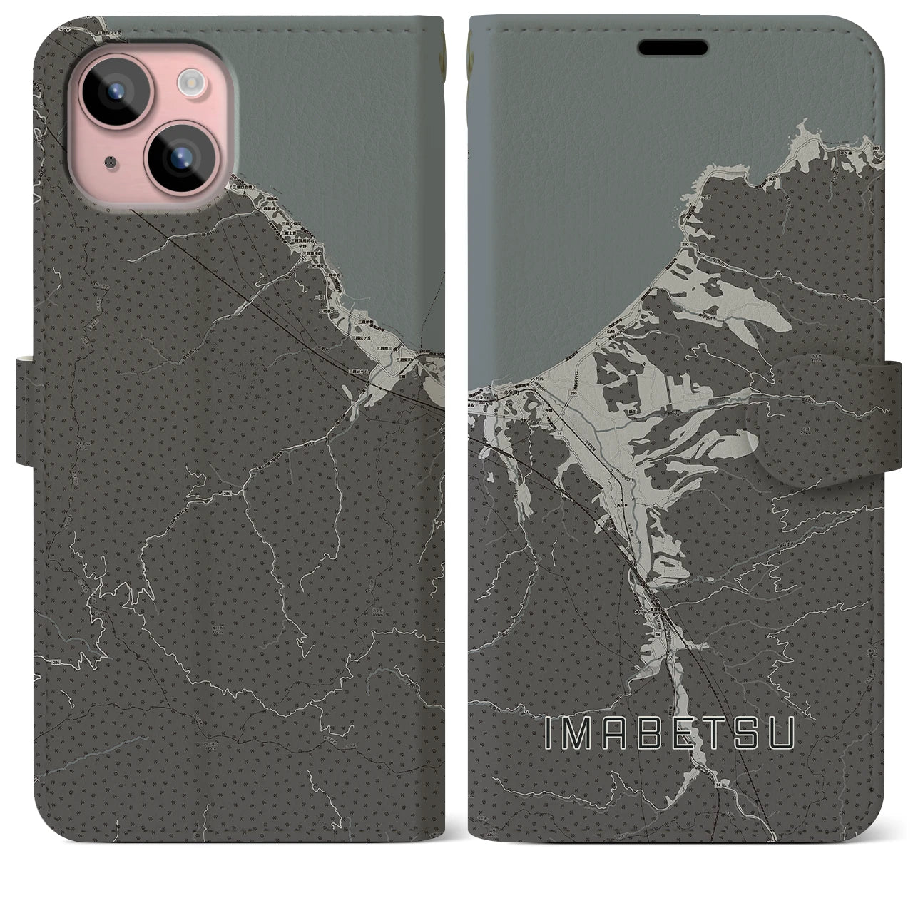 【今別(青森県)】地図柄iPhoneケース(手帳タイプ)モノトーン・iPhone 15 Plus 用