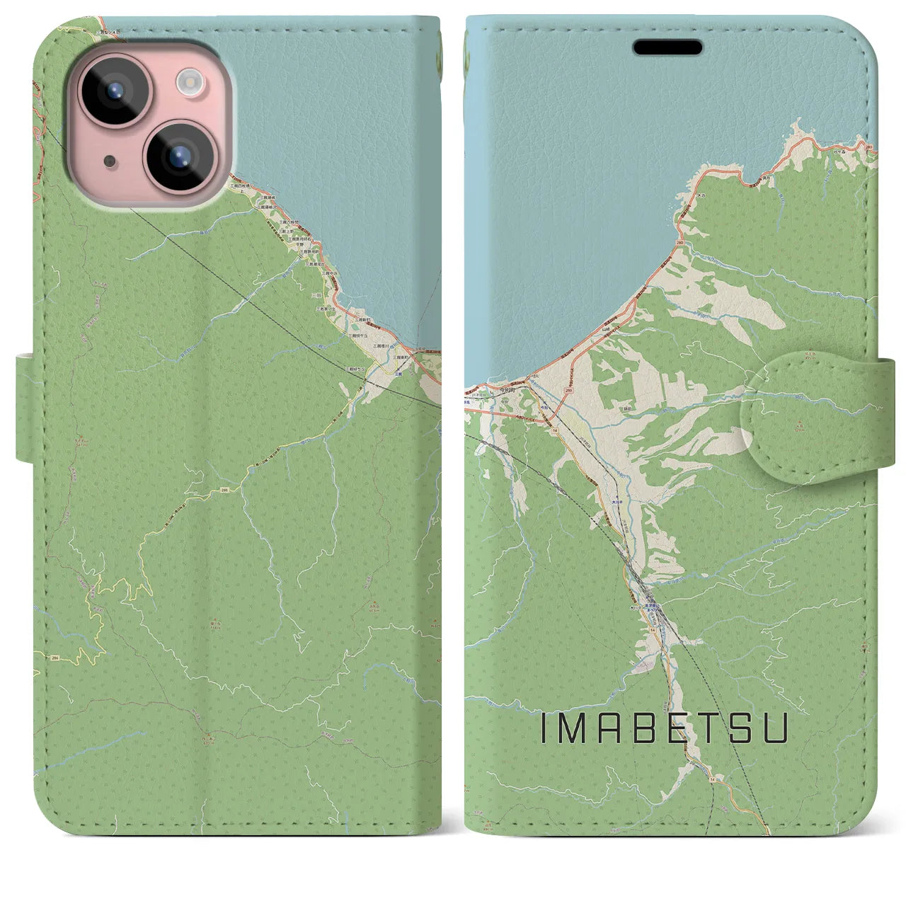 【今別(青森県)】地図柄iPhoneケース(手帳タイプ)ナチュラル・iPhone 15 Plus 用