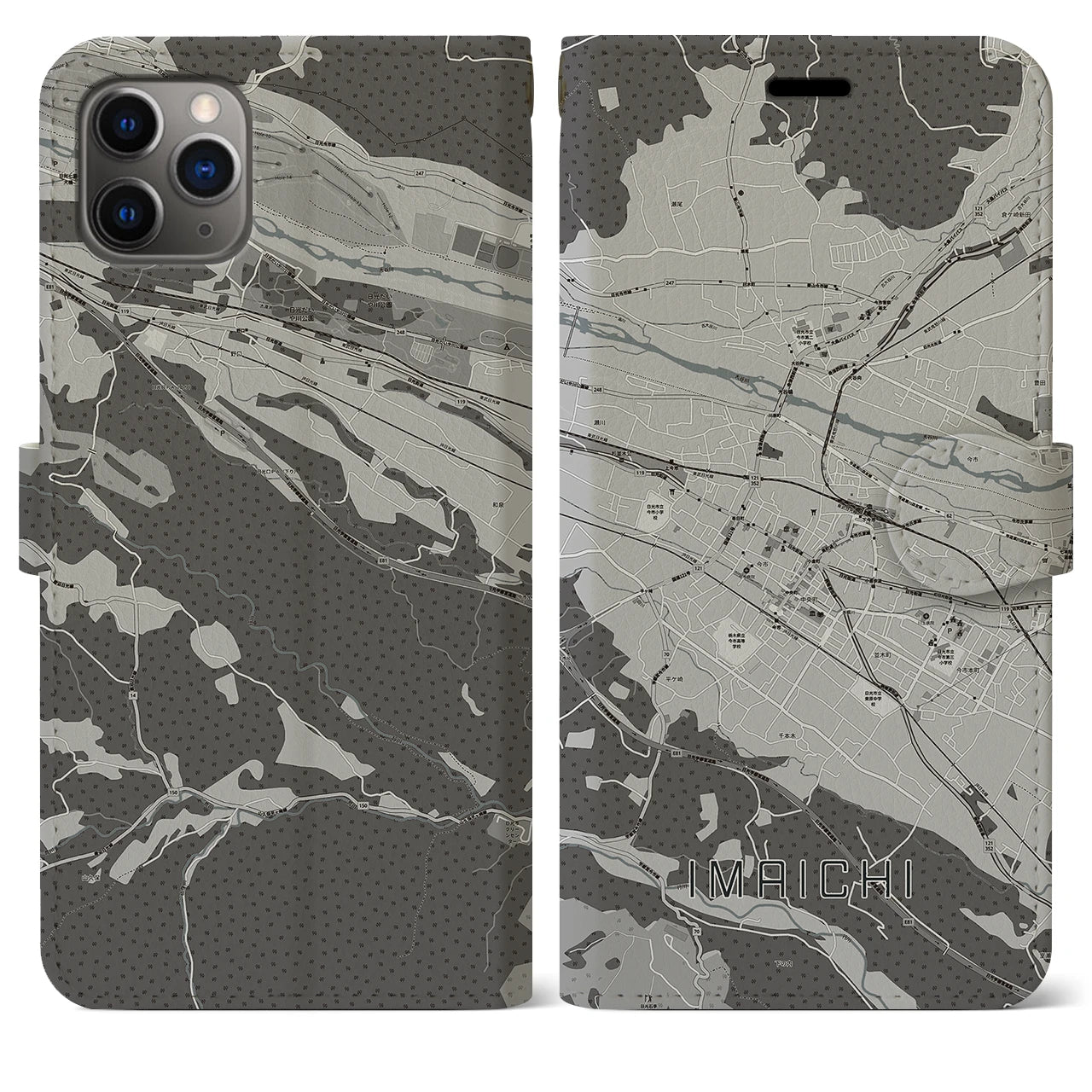 【今市(栃木県)】地図柄iPhoneケース(手帳タイプ)モノトーン・iPhone 11 Pro Max 用