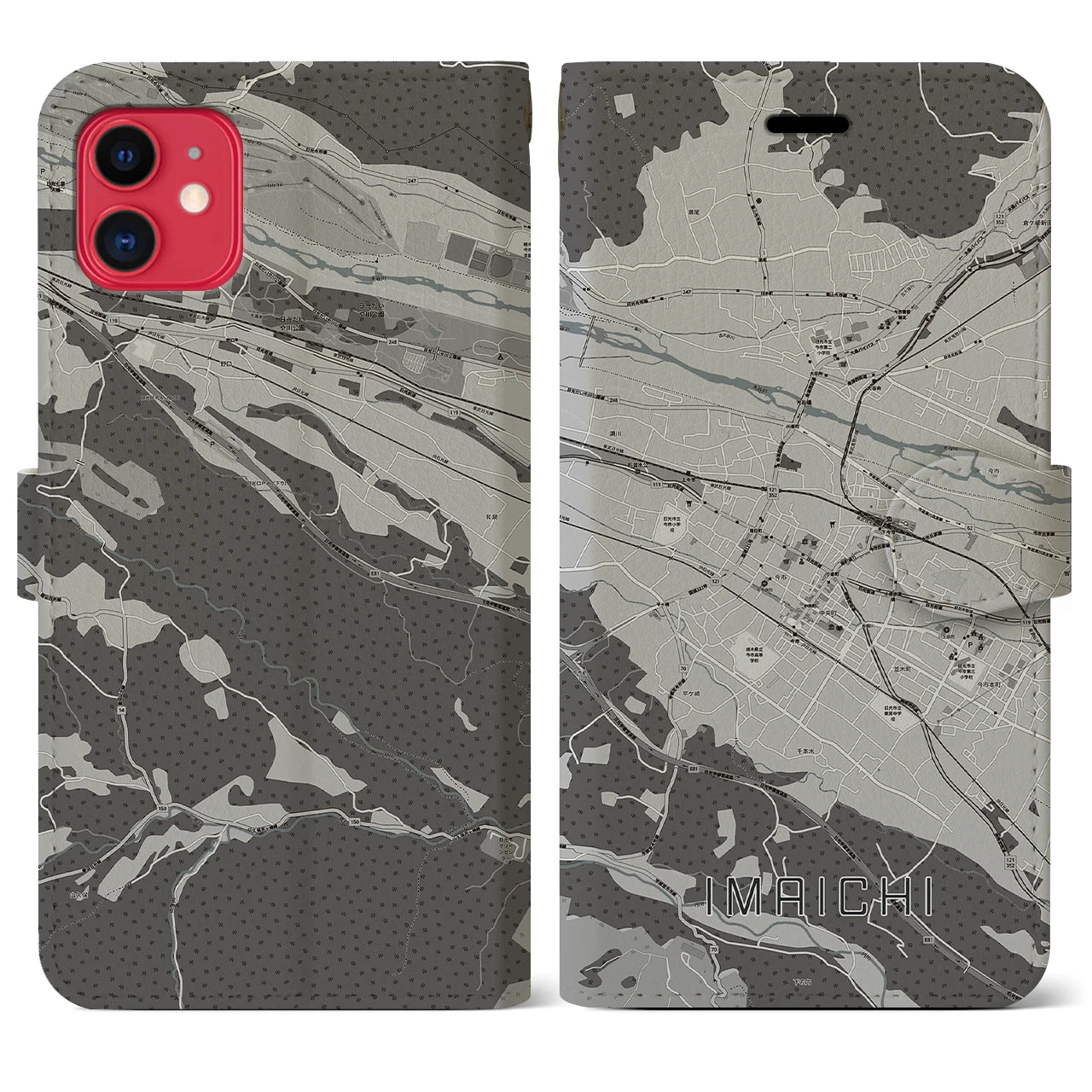 【今市(栃木県)】地図柄iPhoneケース(手帳タイプ)モノトーン・iPhone 11 用