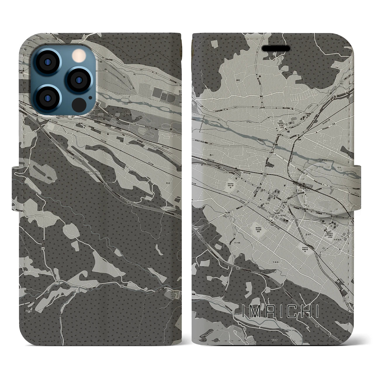 【今市(栃木県)】地図柄iPhoneケース(手帳タイプ)モノトーン・iPhone 12 / 12 Pro 用