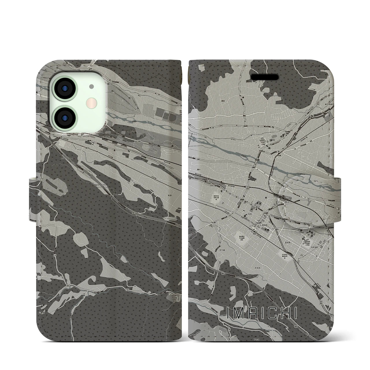 【今市(栃木県)】地図柄iPhoneケース(手帳タイプ)モノトーン・iPhone 12 mini 用