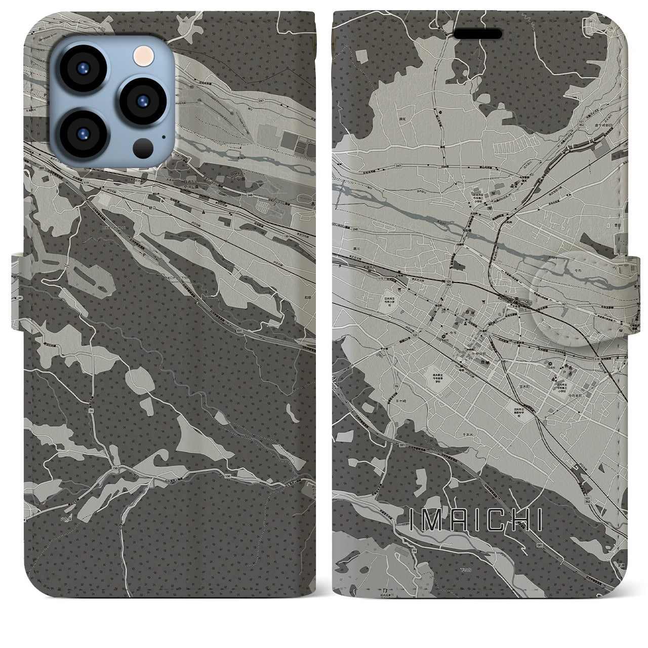 【今市(栃木県)】地図柄iPhoneケース(手帳タイプ)モノトーン・iPhone 13 Pro Max 用