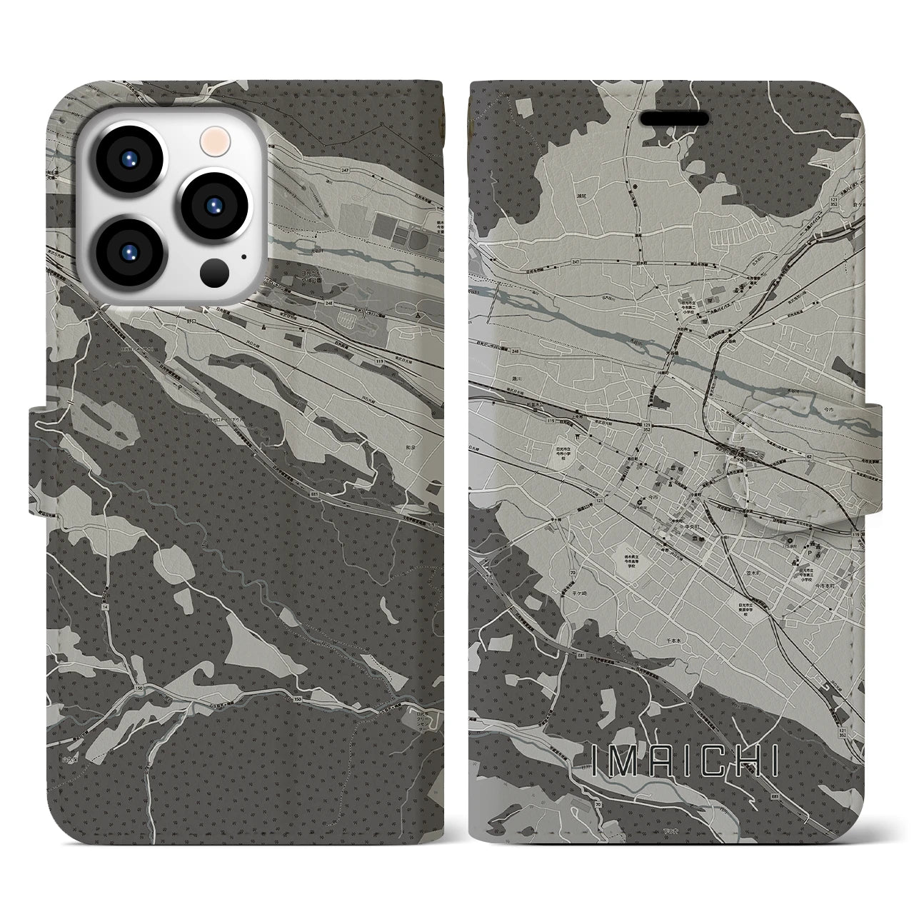 【今市(栃木県)】地図柄iPhoneケース(手帳タイプ)モノトーン・iPhone 13 Pro 用