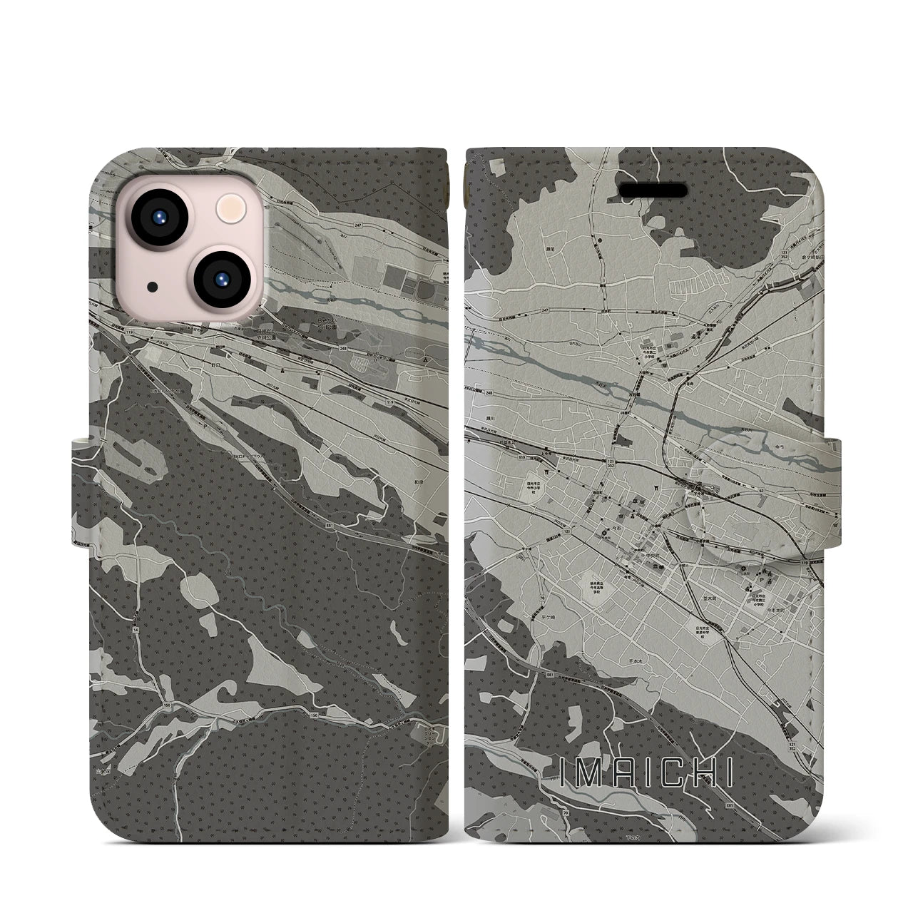 【今市(栃木県)】地図柄iPhoneケース(手帳タイプ)モノトーン・iPhone 13 mini 用