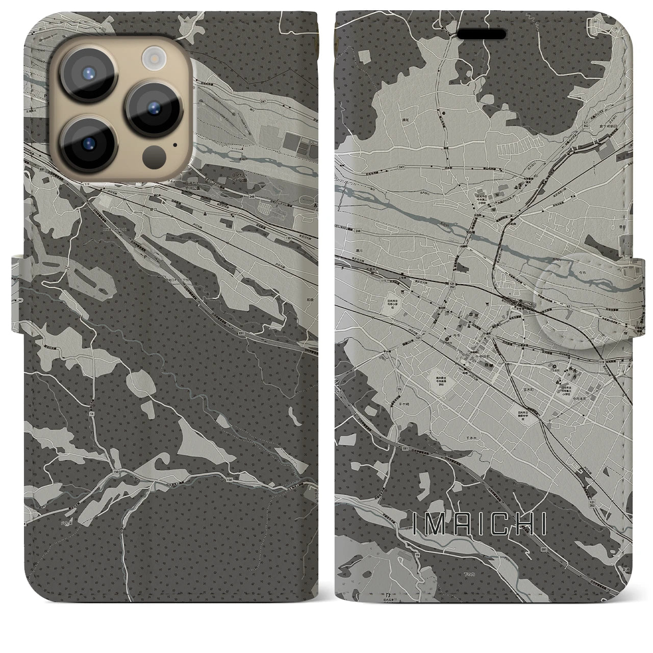 【今市(栃木県)】地図柄iPhoneケース(手帳タイプ)モノトーン・iPhone 14 Pro Max 用