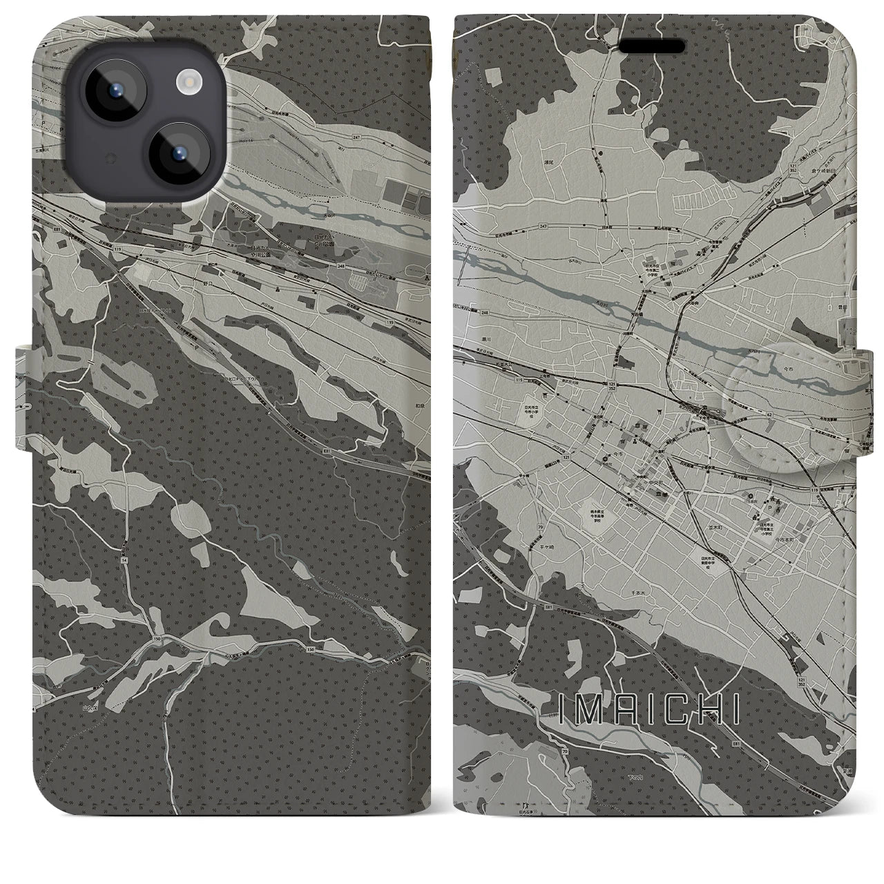 【今市(栃木県)】地図柄iPhoneケース(手帳タイプ)モノトーン・iPhone 14 Plus 用