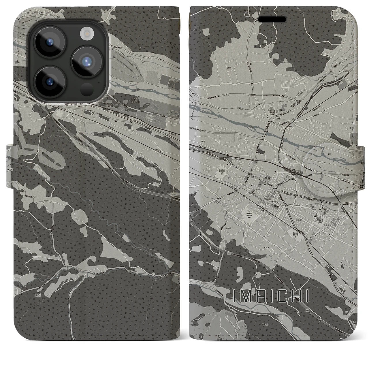 【今市(栃木県)】地図柄iPhoneケース(手帳タイプ)モノトーン・iPhone 15 Pro Max 用