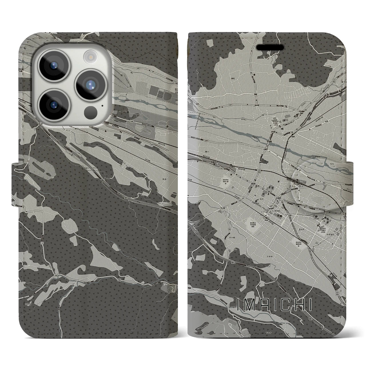 【今市(栃木県)】地図柄iPhoneケース(手帳タイプ)モノトーン・iPhone 15 Pro 用