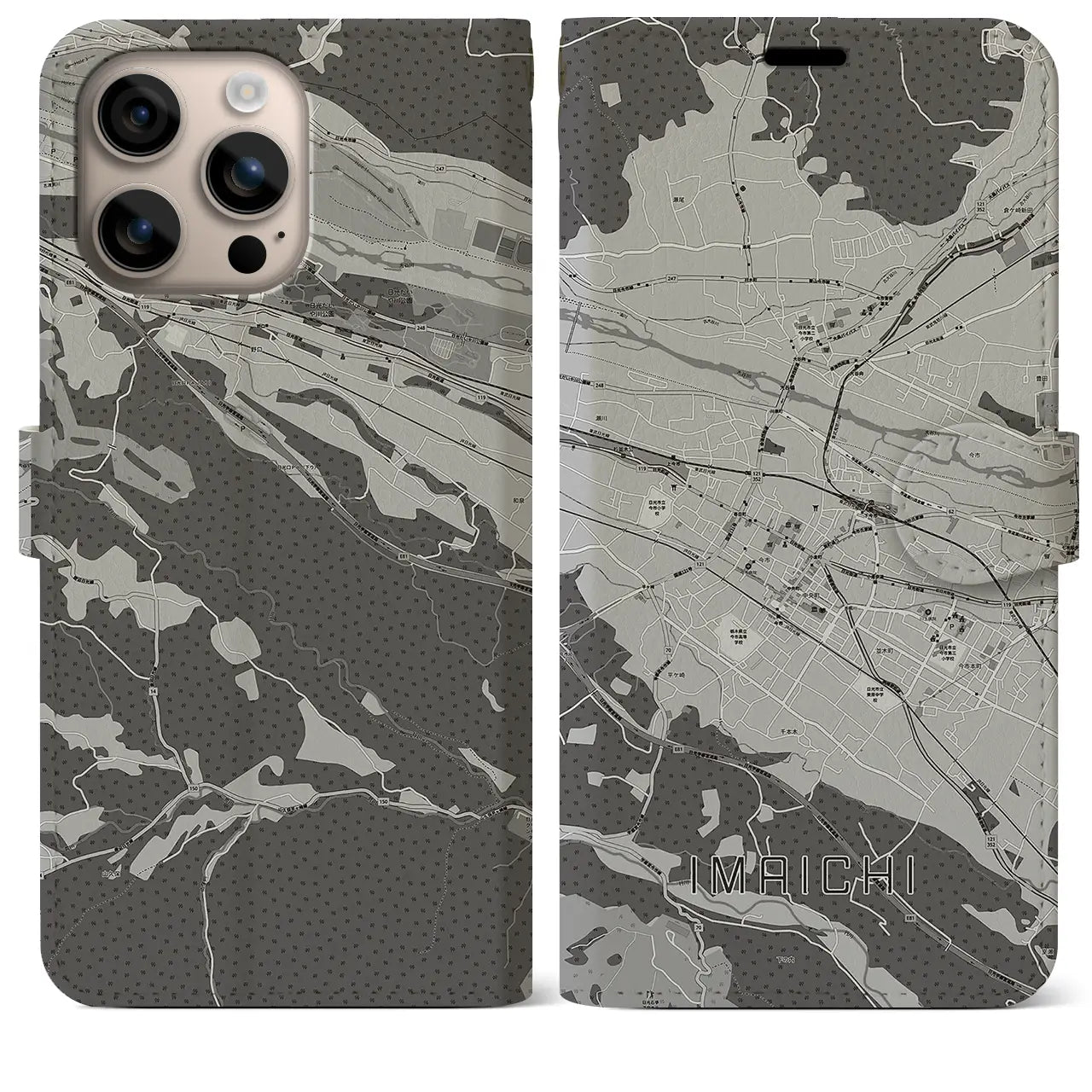 【今市(栃木県)】地図柄iPhoneケース(手帳タイプ)モノトーン・iPhone 16 Plus 用