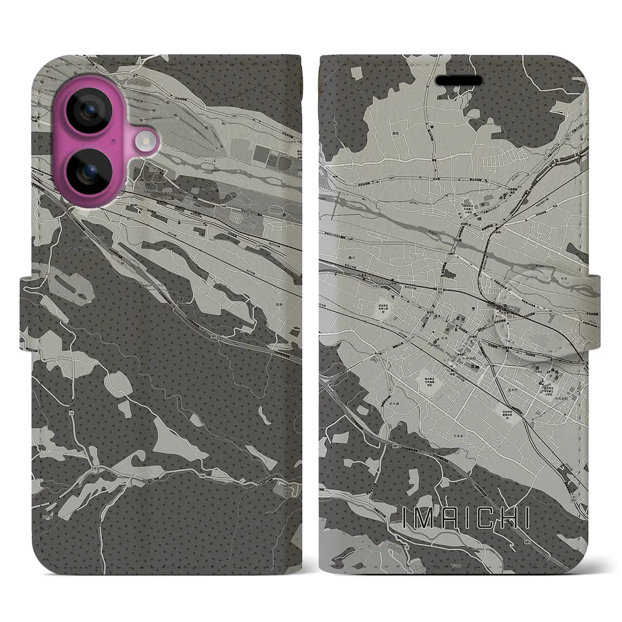 【今市(栃木県)】地図柄iPhoneケース(手帳タイプ)モノトーン・iPhone 16 Pro 用