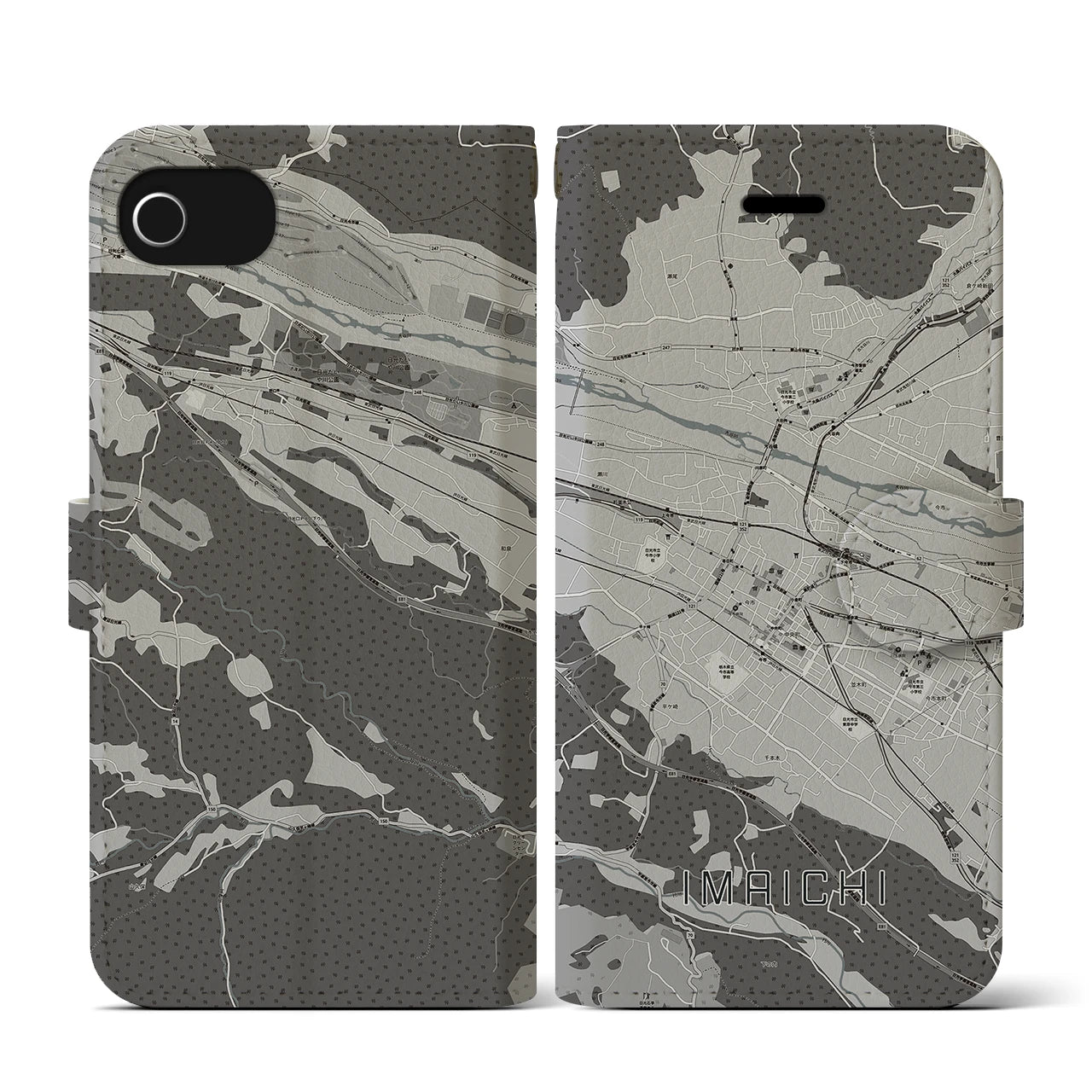 【今市(栃木県)】地図柄iPhoneケース(手帳タイプ)モノトーン・iPhone SE(第3 / 第2世代) / 8 / 7 / 6s / 6 用