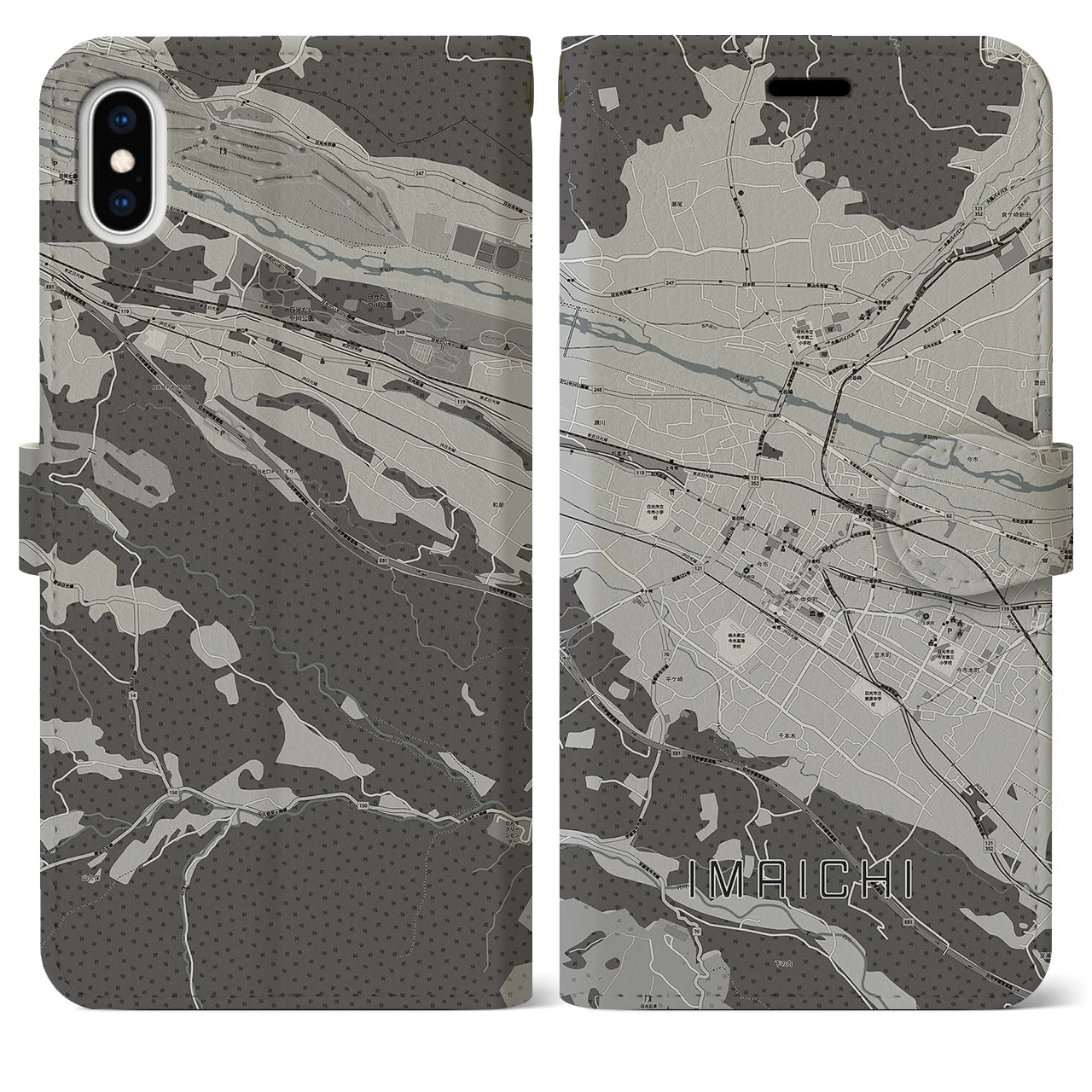 【今市(栃木県)】地図柄iPhoneケース(手帳タイプ)モノトーン・iPhone XS Max 用