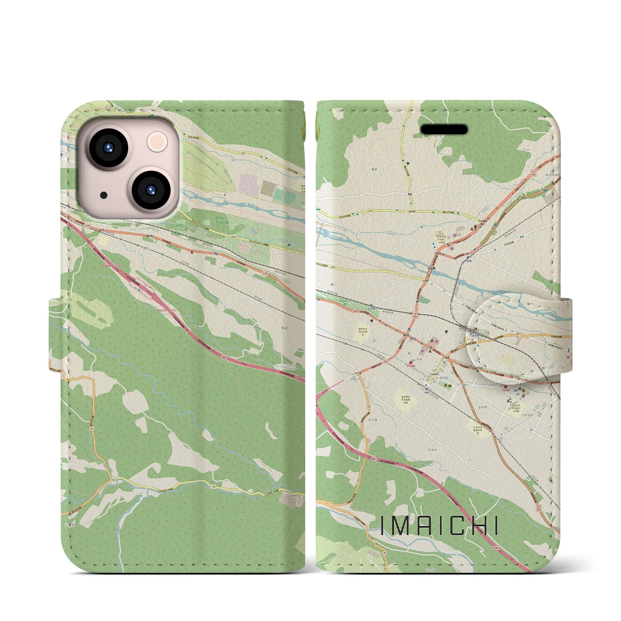 【今市(栃木県)】地図柄iPhoneケース(手帳タイプ)ナチュラル・iPhone 13 mini 用