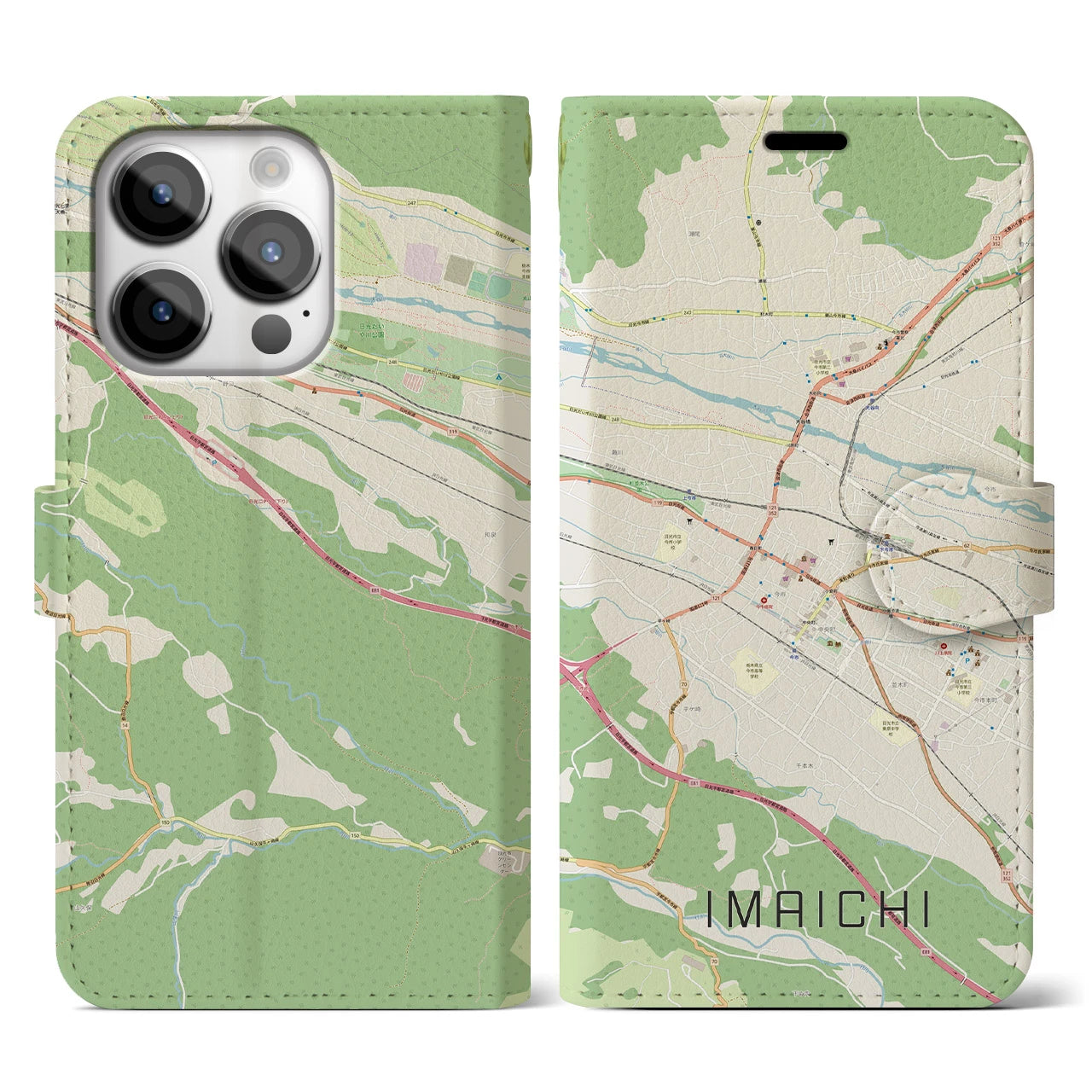 【今市(栃木県)】地図柄iPhoneケース(手帳タイプ)ナチュラル・iPhone 14 Pro 用