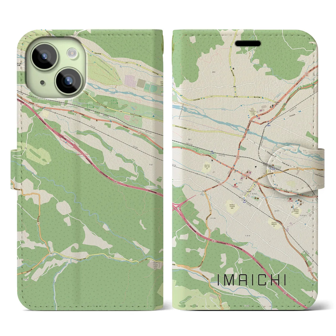 【今市(栃木県)】地図柄iPhoneケース(手帳タイプ)ナチュラル・iPhone 15 用