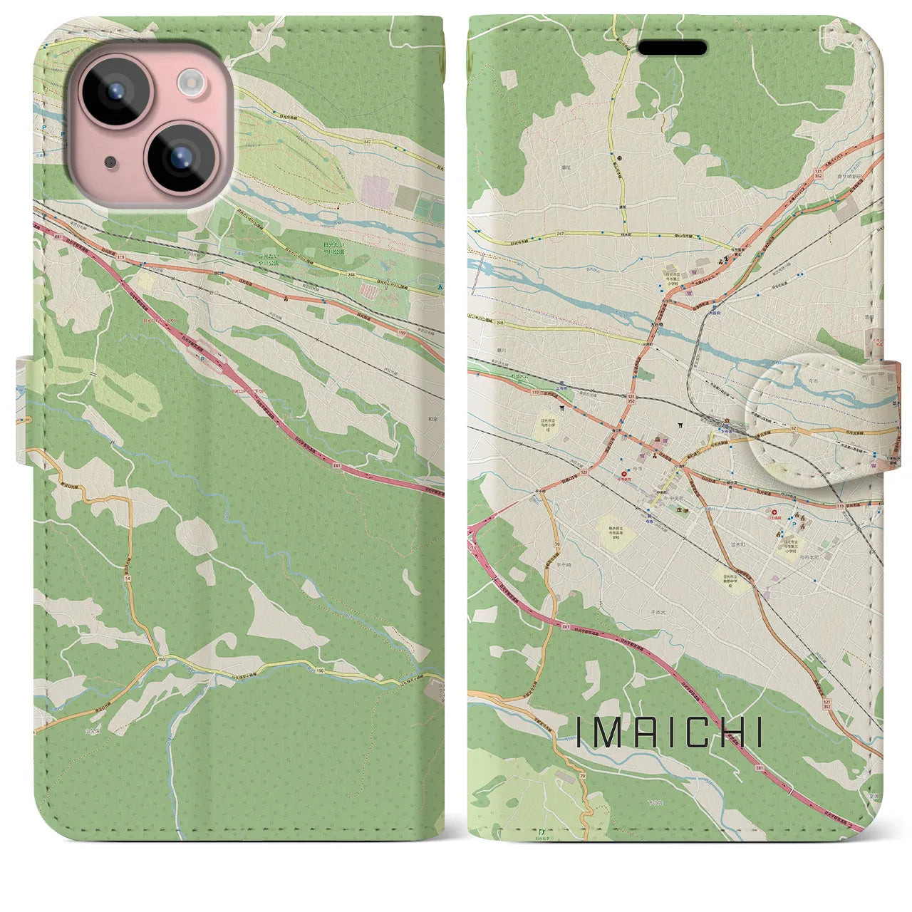 【今市(栃木県)】地図柄iPhoneケース(手帳タイプ)ナチュラル・iPhone 15 Plus 用