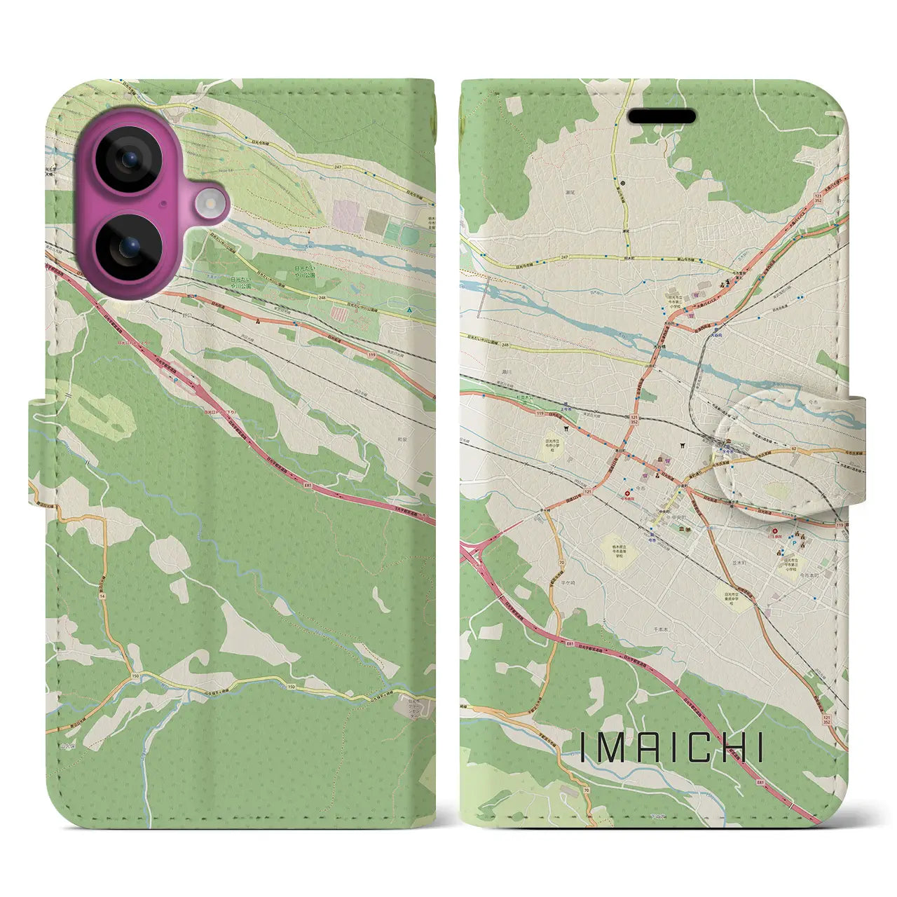 【今市(栃木県)】地図柄iPhoneケース(手帳タイプ)ナチュラル・iPhone 16 Pro 用