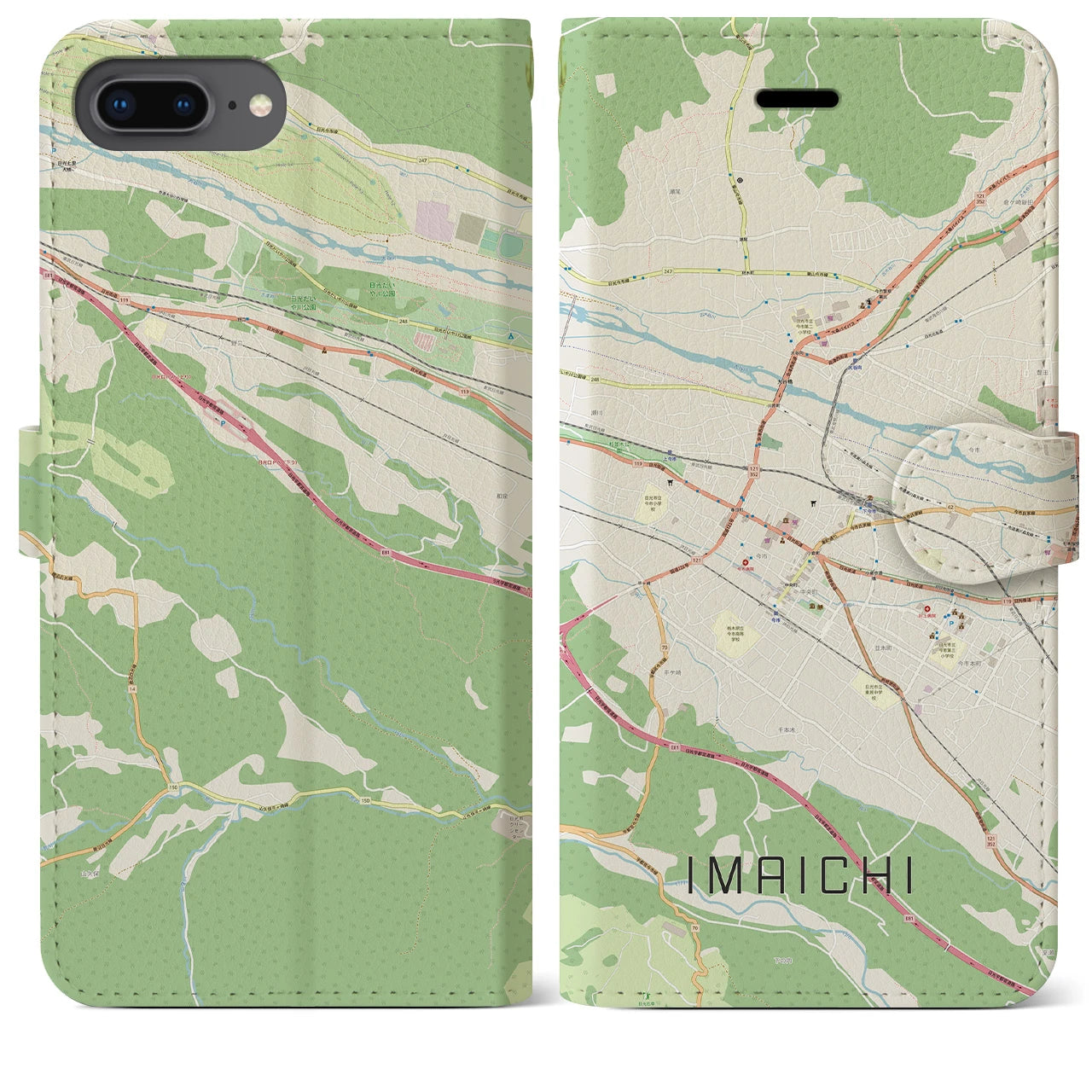 【今市(栃木県)】地図柄iPhoneケース(手帳タイプ)ナチュラル・iPhone 8Plus /7Plus / 6sPlus / 6Plus 用