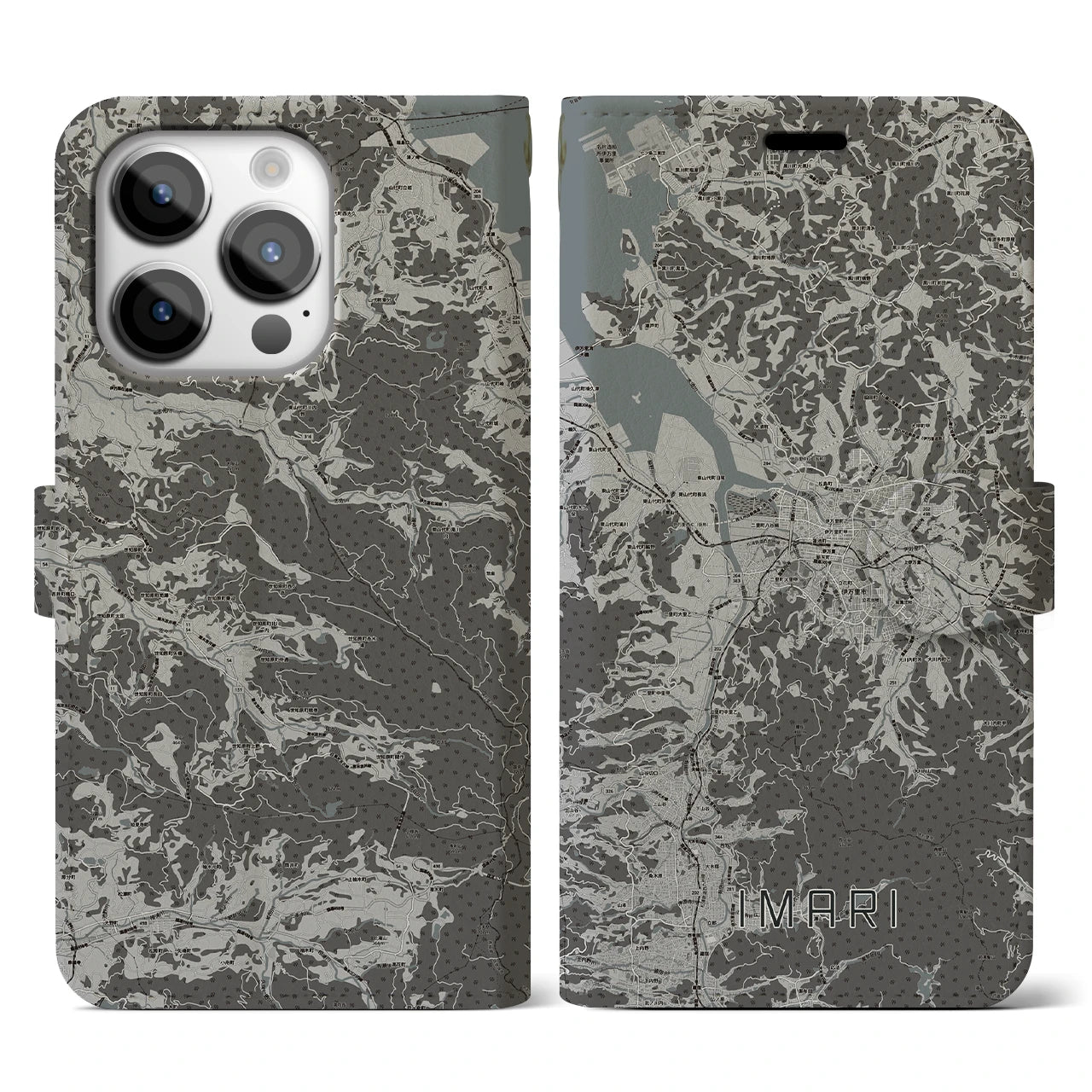 【伊万里(佐賀県)】地図柄iPhoneケース(手帳タイプ)モノトーン・iPhone 14 Pro 用