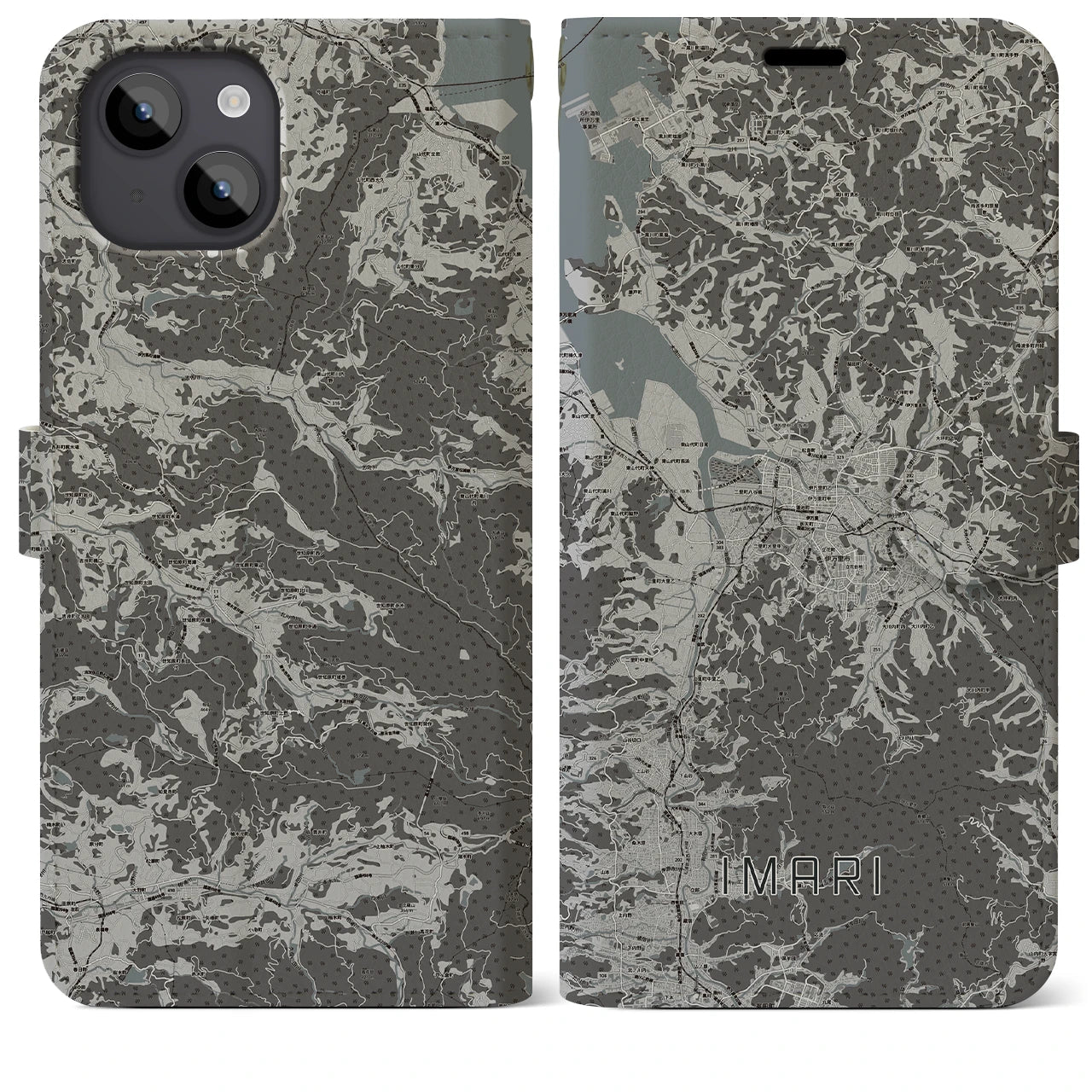 【伊万里(佐賀県)】地図柄iPhoneケース(手帳タイプ)モノトーン・iPhone 14 Plus 用