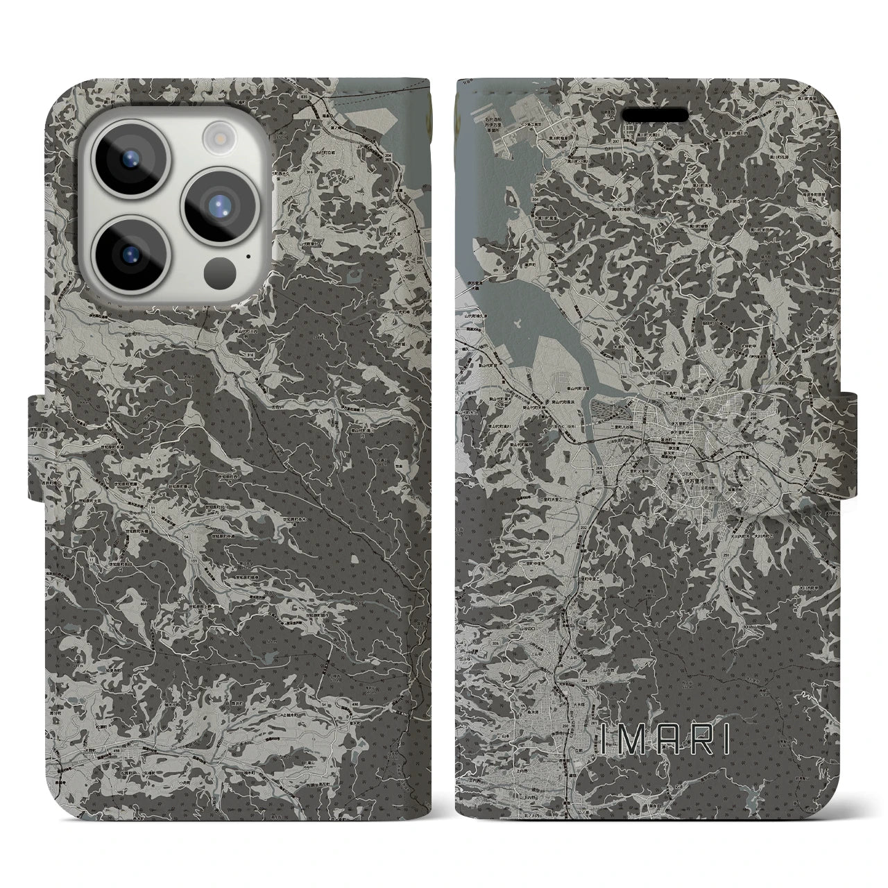【伊万里(佐賀県)】地図柄iPhoneケース(手帳タイプ)モノトーン・iPhone 15 Pro 用