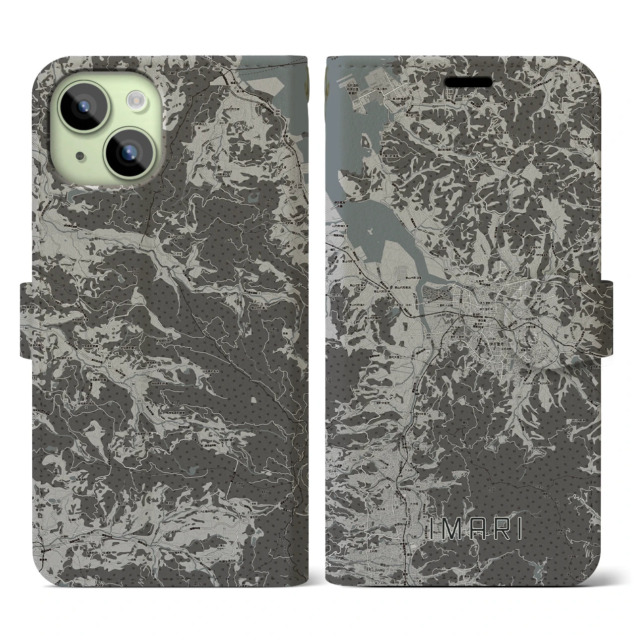 【伊万里(佐賀県)】地図柄iPhoneケース(手帳タイプ)モノトーン・iPhone 15 用