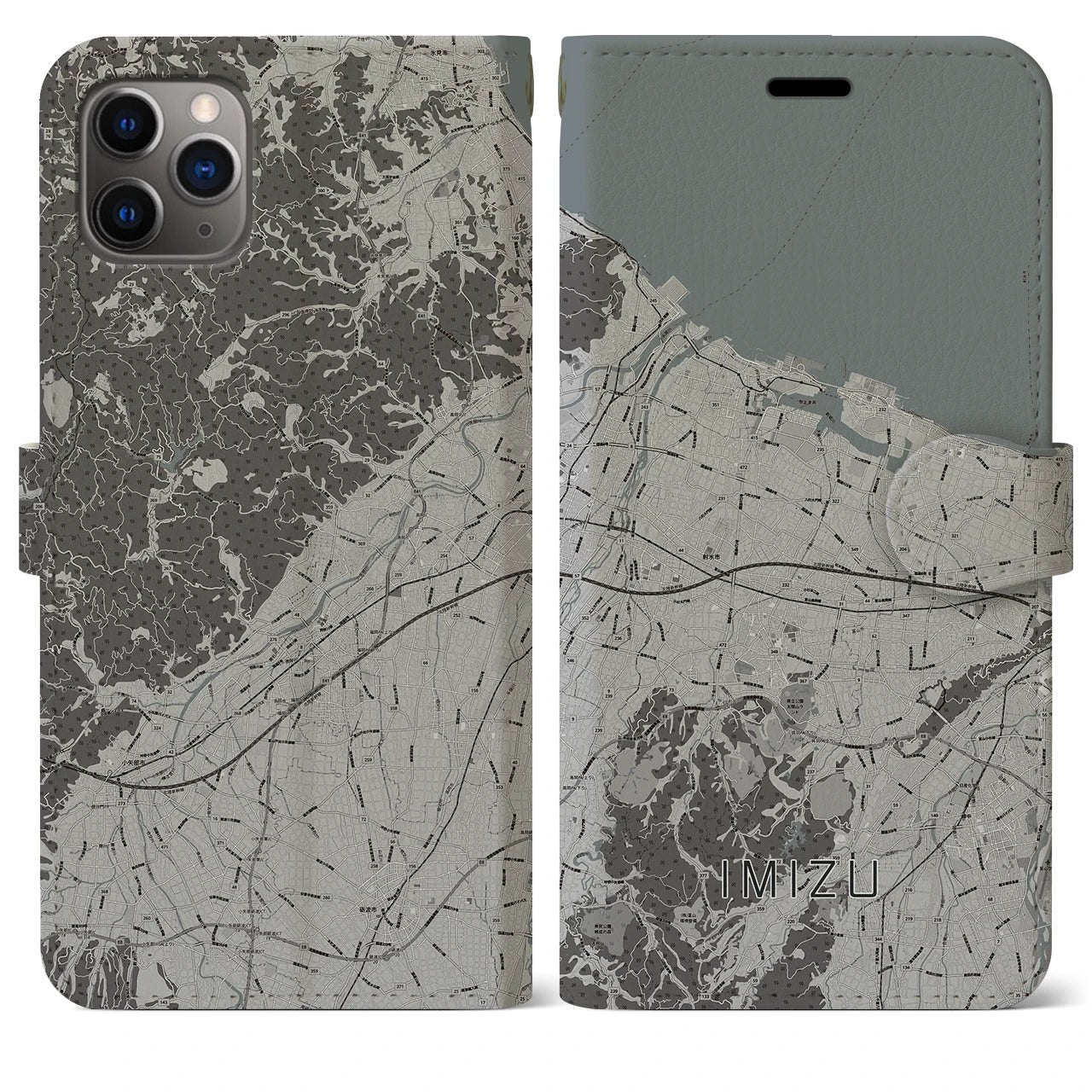 【射水(富山県)】地図柄iPhoneケース(手帳タイプ)モノトーン・iPhone 11 Pro Max 用