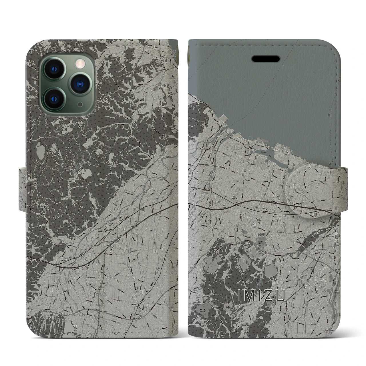【射水(富山県)】地図柄iPhoneケース(手帳タイプ)モノトーン・iPhone 11 Pro 用