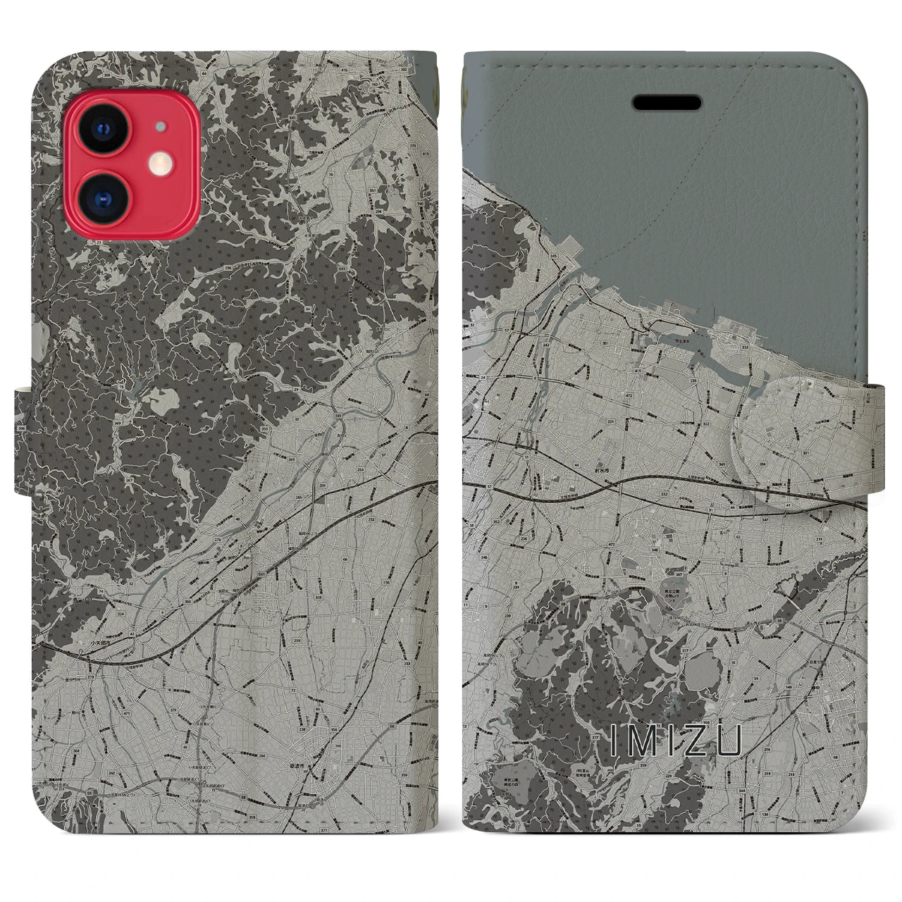 【射水(富山県)】地図柄iPhoneケース(手帳タイプ)モノトーン・iPhone 11 用
