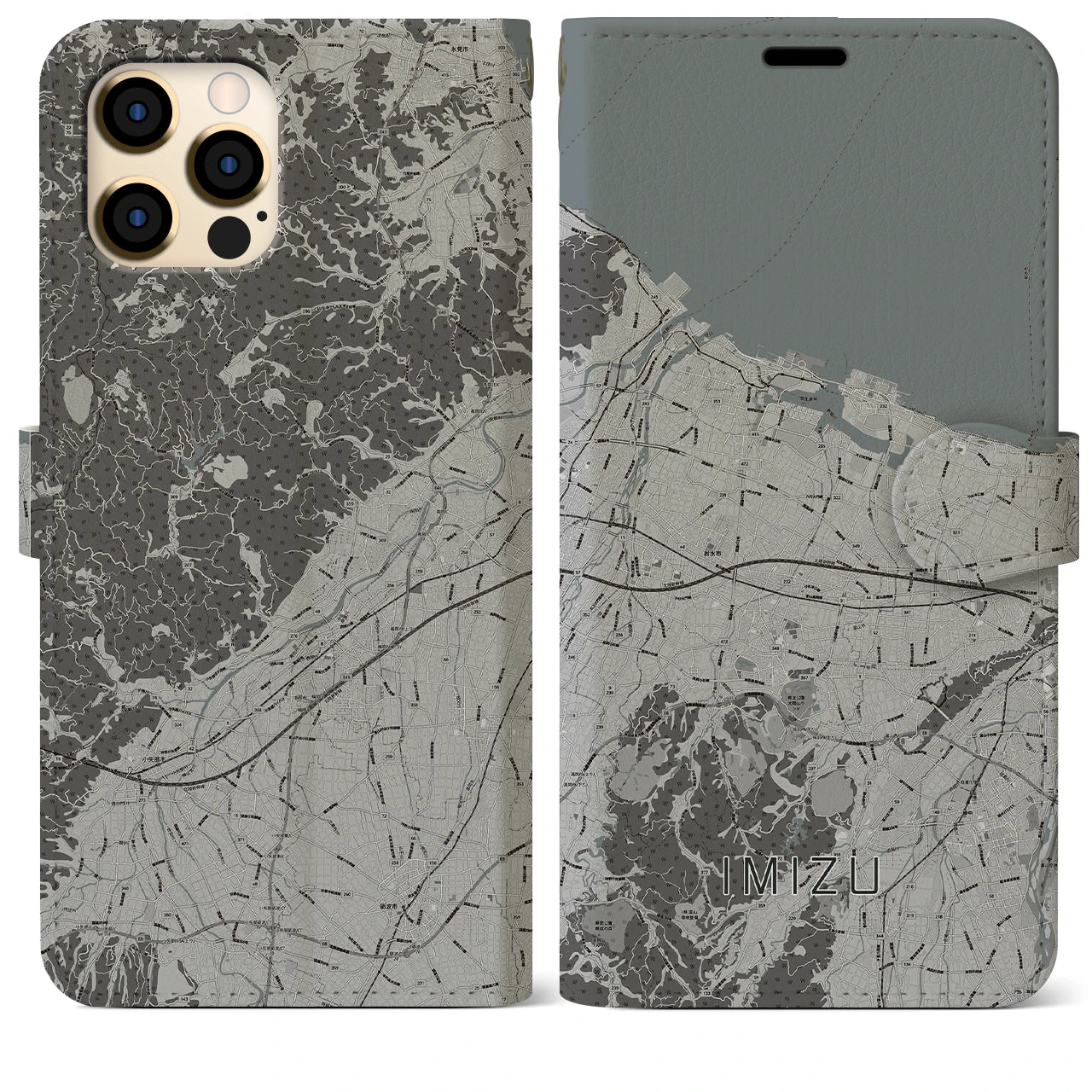 【射水(富山県)】地図柄iPhoneケース(手帳タイプ)モノトーン・iPhone 12 Pro Max 用